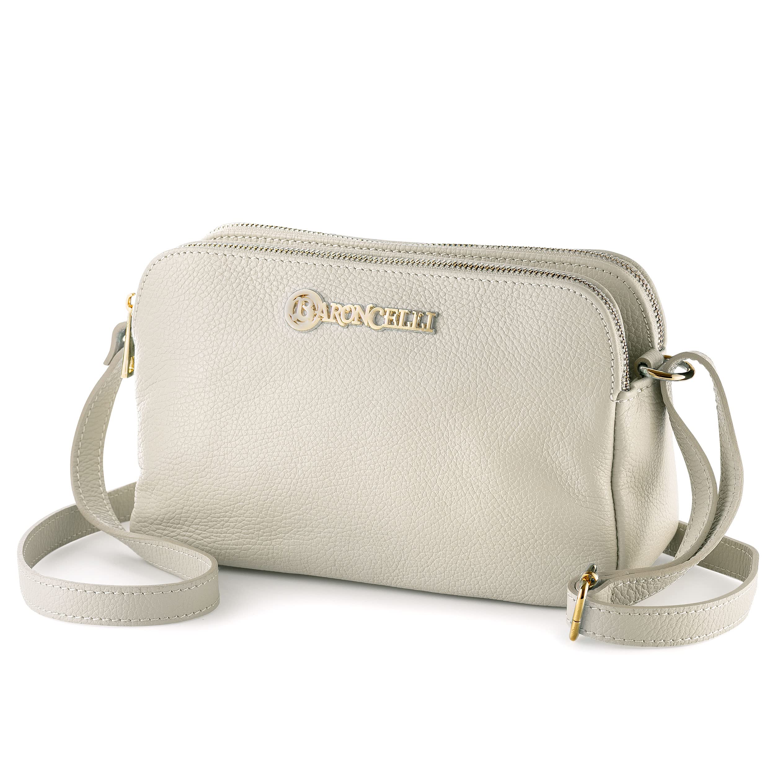 Baroncelli Crossbody Bag Made in Italy with Long Stripe Genuine Italian Soft Leather Beige