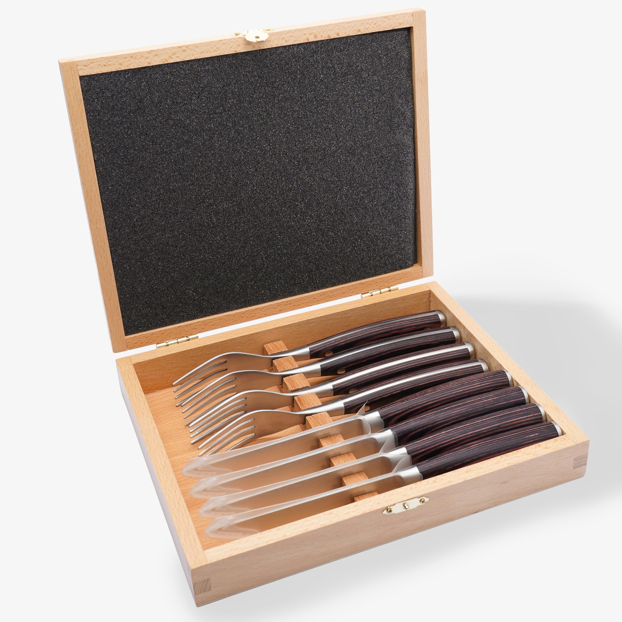 Steakbesteck Set 8-teilig, 4 Steakmesser mit Wellenschliff + 4 Steakgabeln, Ergonomische Pakka-Holzgriffe, Geschenkbox aus Holz