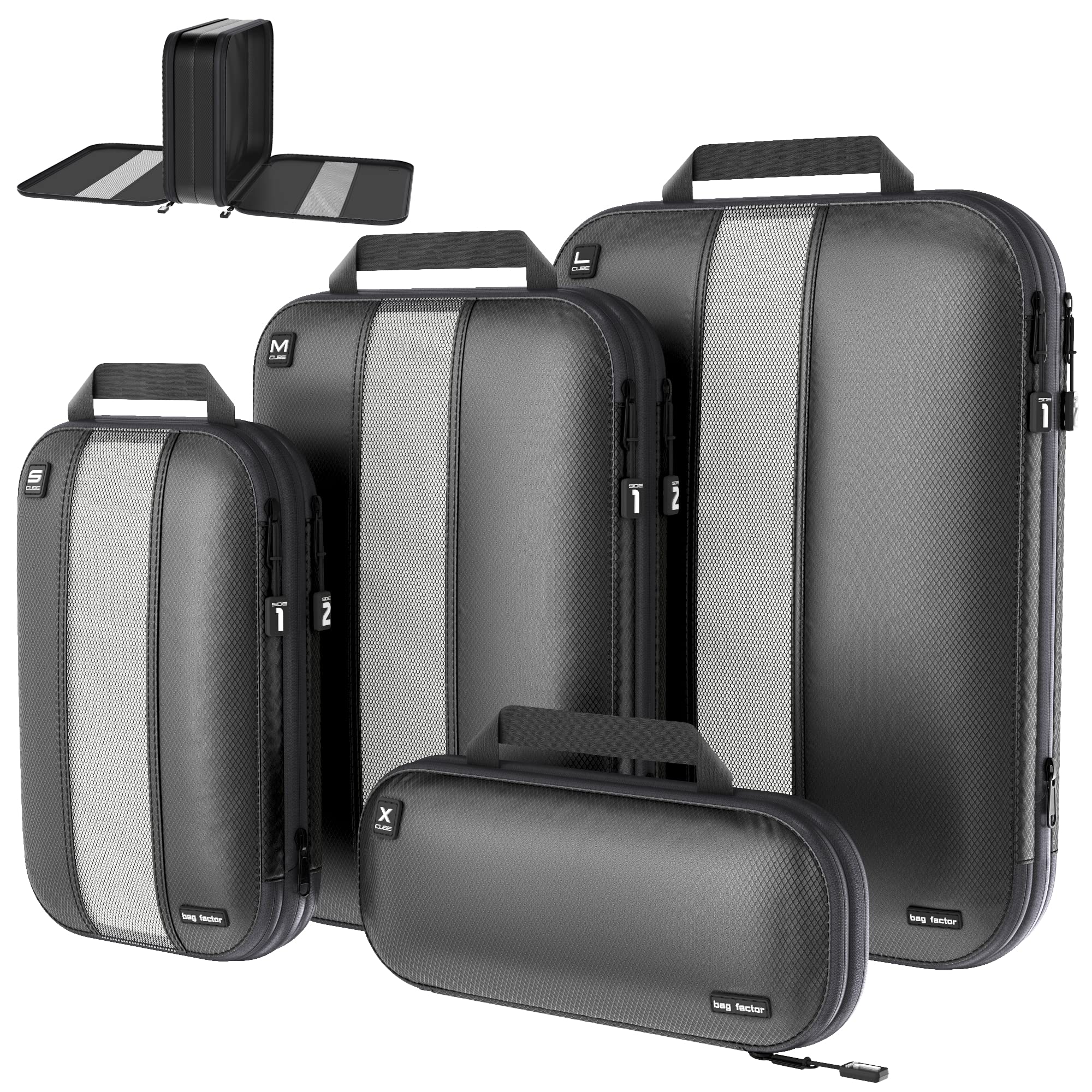 Bag FactorPremium Compression Packing Cubes for Travel Luggage Organizer Set (Double Sided Clean Dirty - Black)
