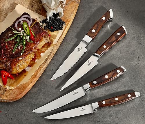 Miniatura 6 de Juego de 4 cuchillos para carne caja de regalo de madera  Nueva idea de regalo única  Cuchillos de carne con mango de madera  Cuchillos de carne sin