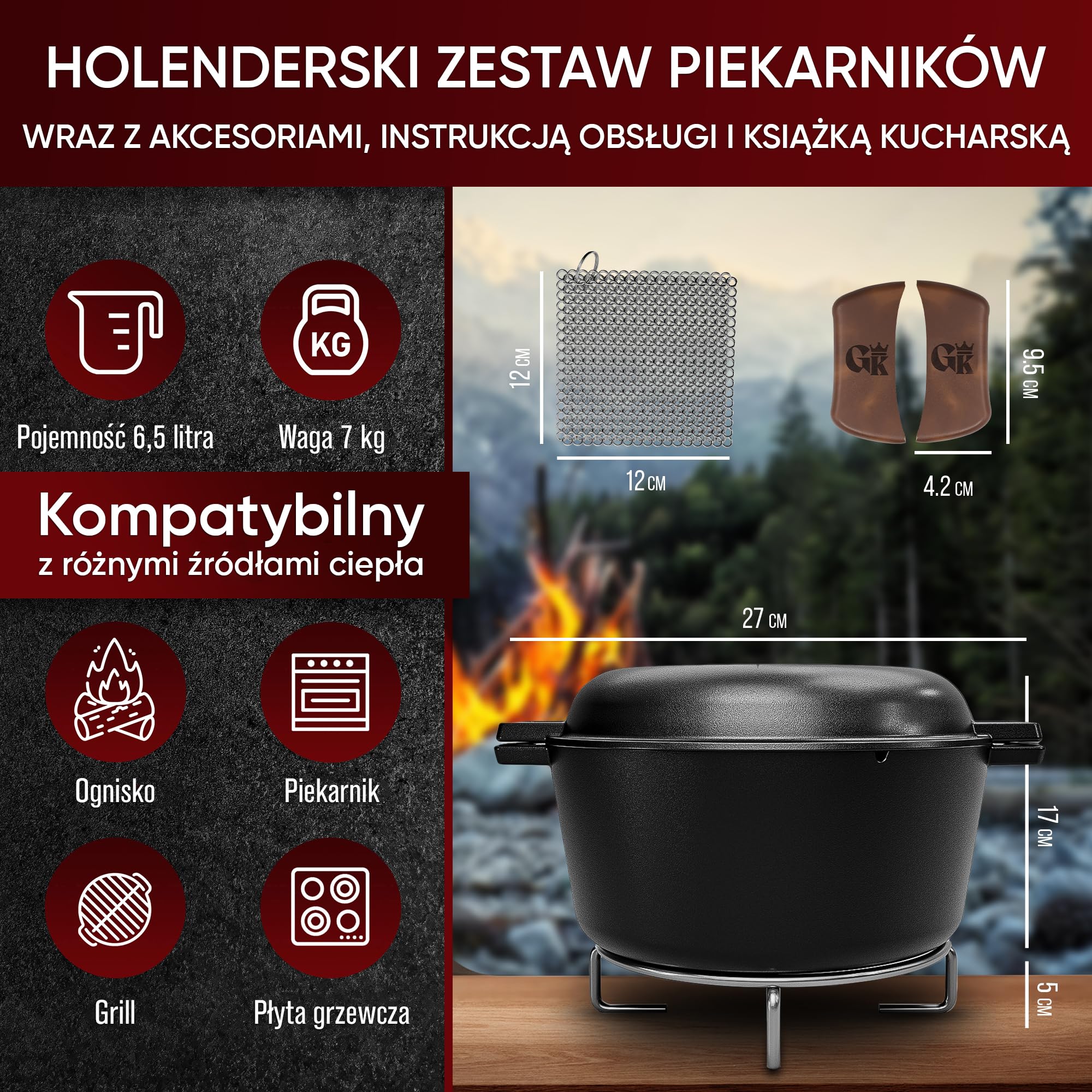 Gusskönig 2w1: Żeliwny garnek (4,8L) & patelnia grillowa (1,8L). Wstępnie przyprawiony. Idealny do zapiekania, gotowania i grillowania.