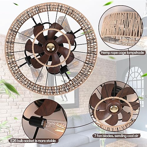 Miniatura 7 de Ventilador de techo enjaulado con ventilador de techo cerrado con luz, ventilador de techo bohemio con cuerda de cáñamo ligero, ventilador de techo