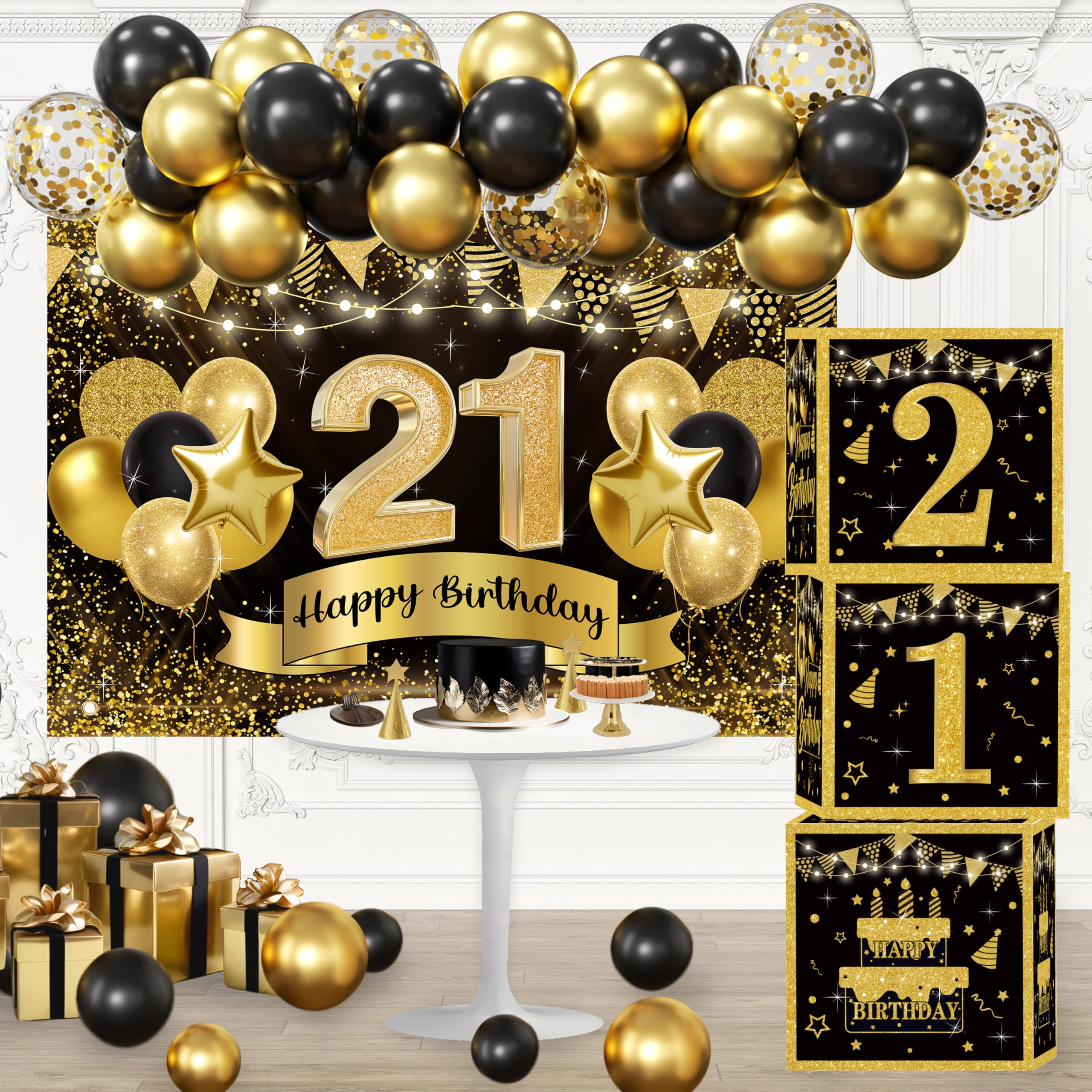 21st Birthday Decorations for Men - happy Birthday Party Backdrop, Black Gold Balloon Arch Kit, 21 Number Boxes Decor Set for boys Party Supplies