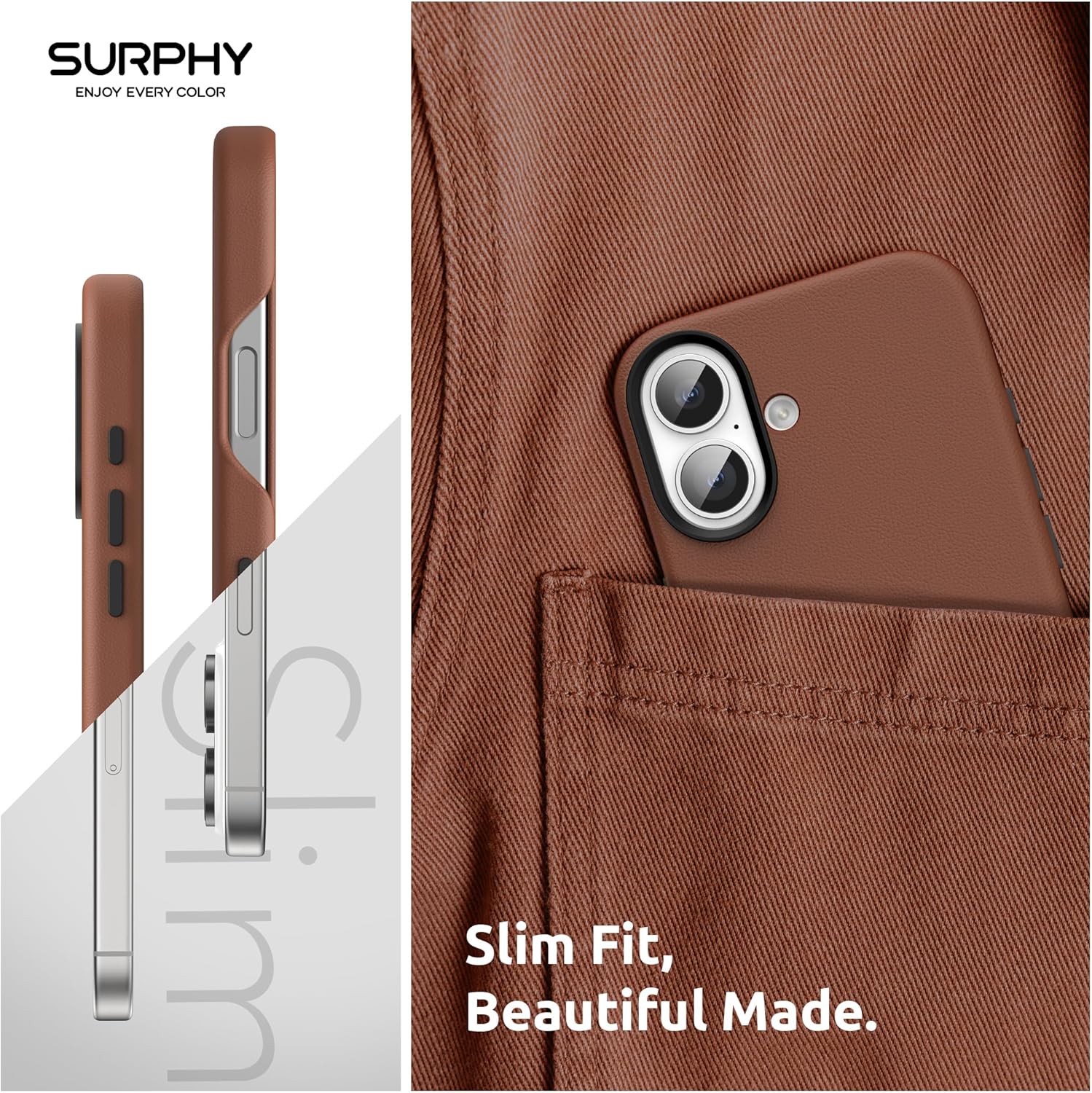 SURPHY Designed for iPhone 16 Leather Case with Screen Protector Compatible with MagSafe, Faux Leather Phone Case (Metallic Buttons, Microfiber Lining) for 16 6.1 inch 2024, Brown - Image 7