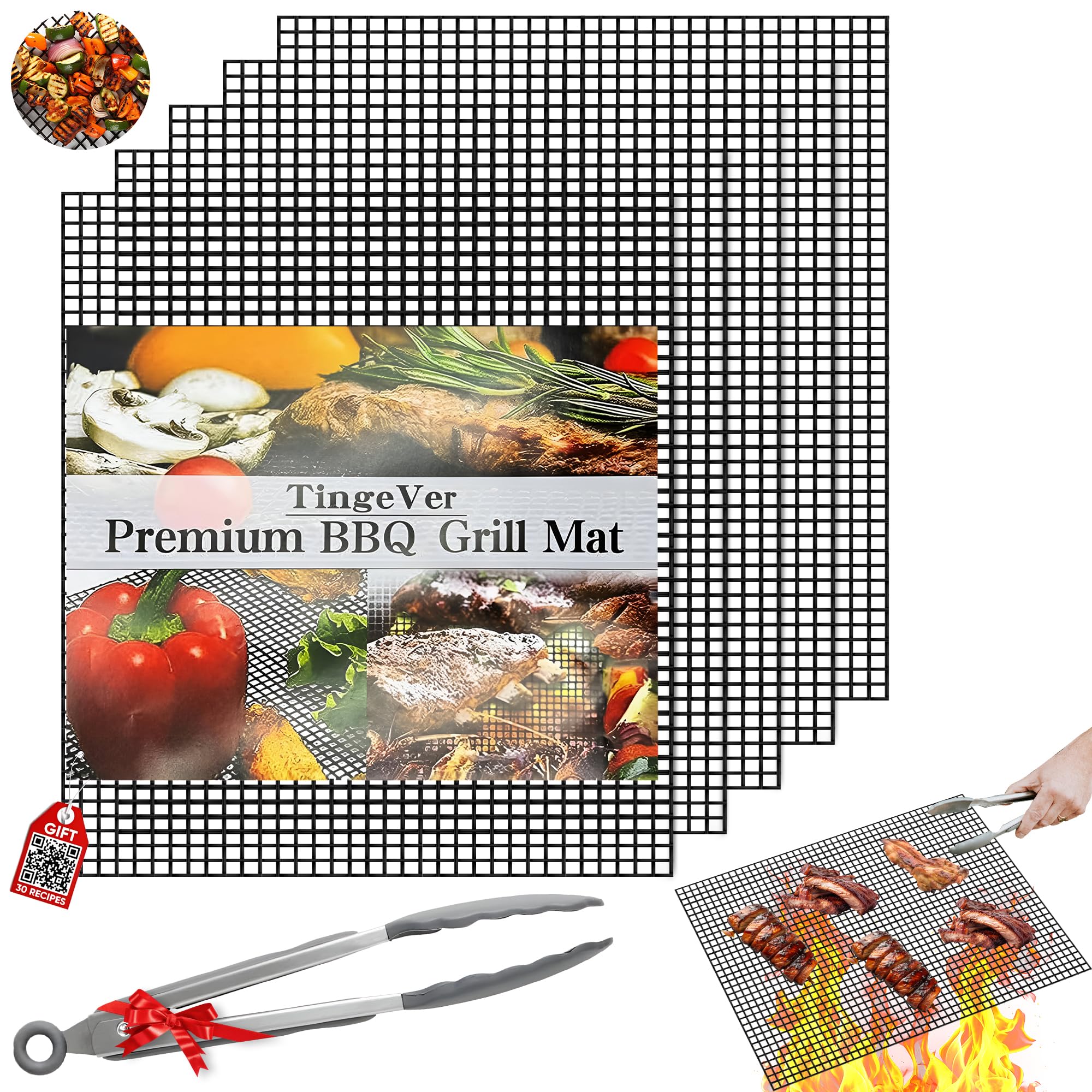 TingeVer - Set of 5 Non Stick BBQ Grill Mesh, Heavy Duty, Mesh Grill Mat + Tong + Code QR with 30 Recipes, Easy to Clean, Works on Gas, Charcoal, Electric Grill