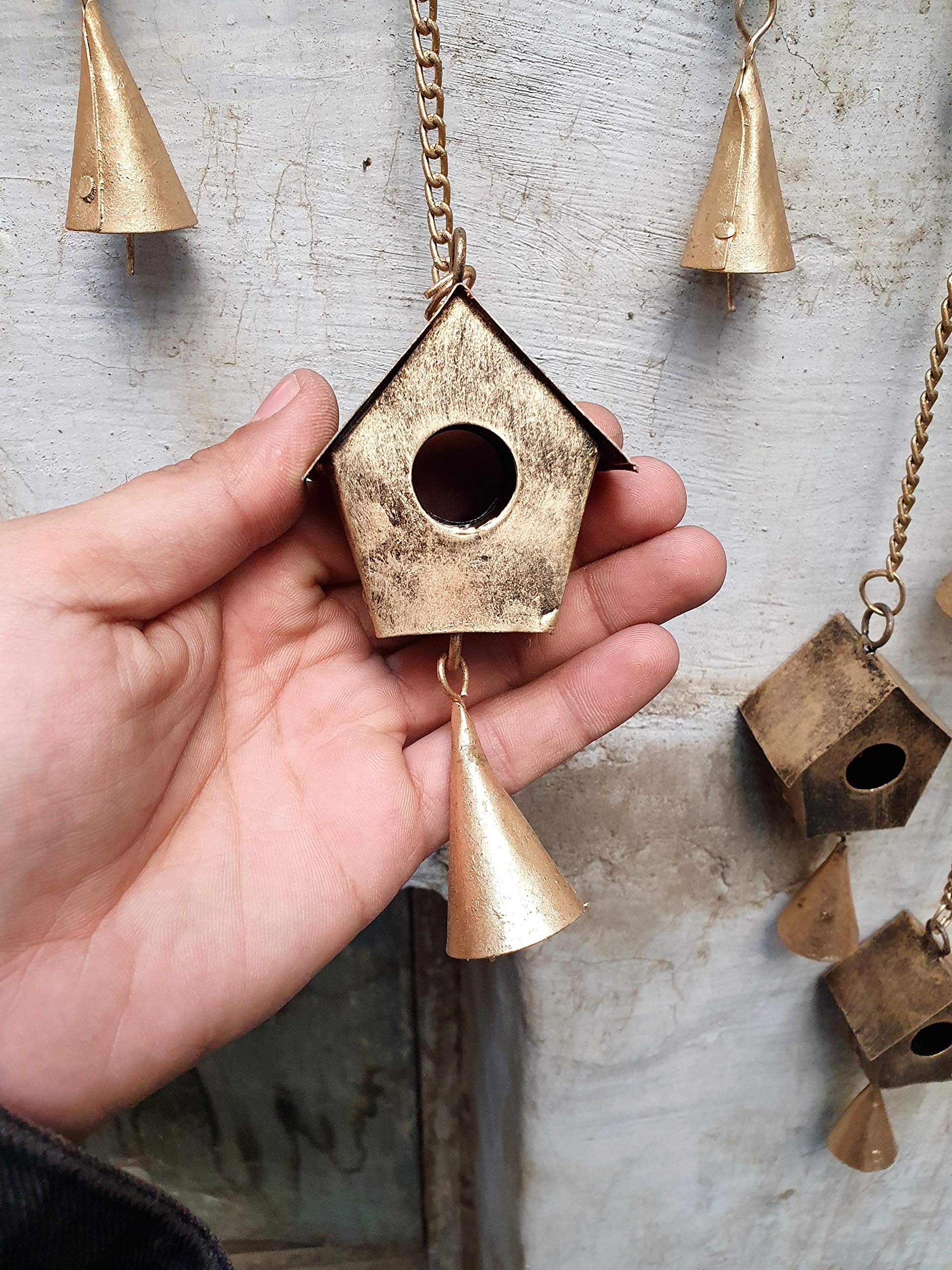 HIGHBIX Hanging Metal Bird Hut Handmade Rustic Vintage Hangings Charming Bells with Jute Bag Wall Hanging Decor (65cm) - Image 4 thumbnail