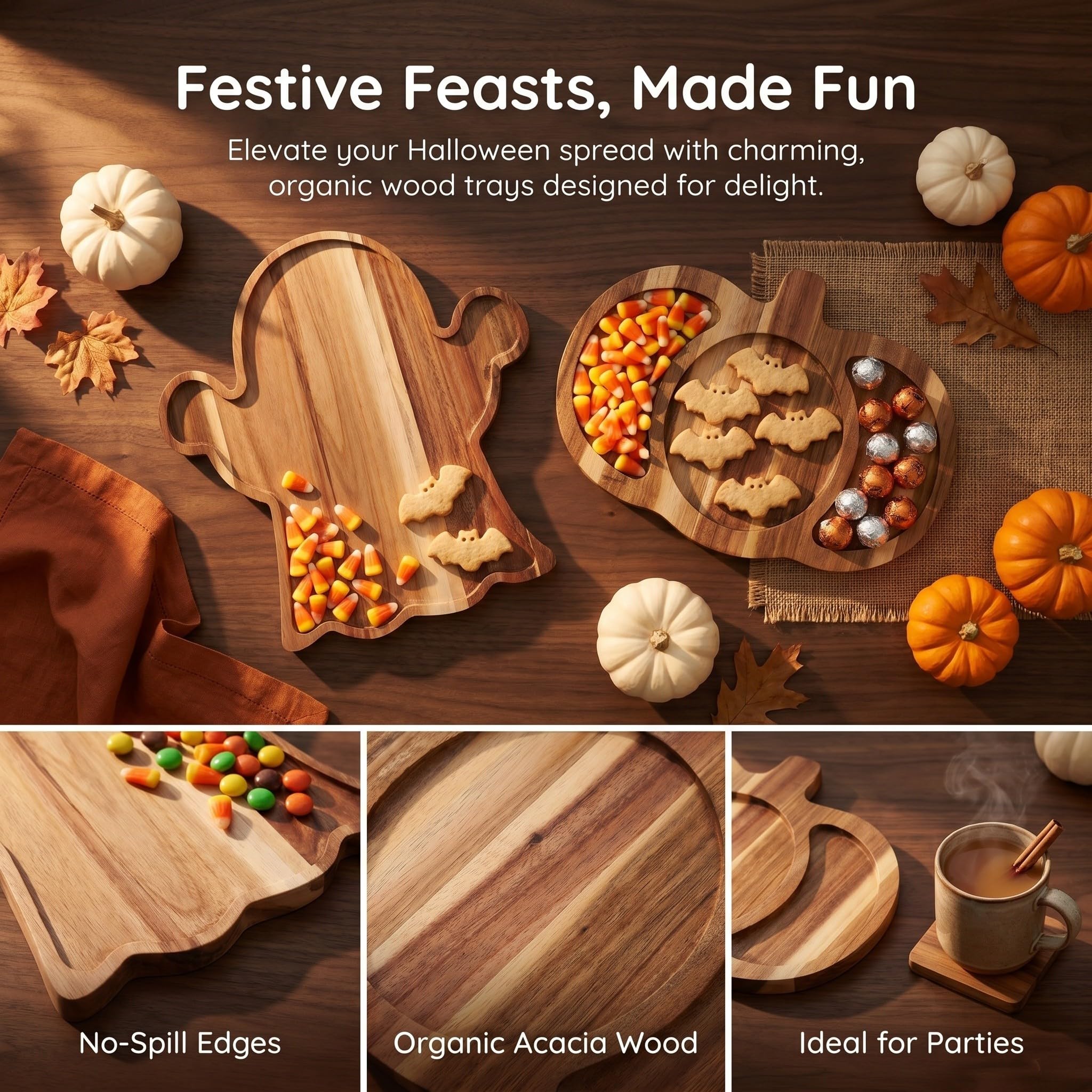 OUNONA 2 bandejas de Servir con Forma de Fantasma de Halloween - Plato de Servir con Forma de Calabaza - Tabla de Madera para Embutidos - Plato de Queso para Dulces, golosinas, Bebidas y decoración