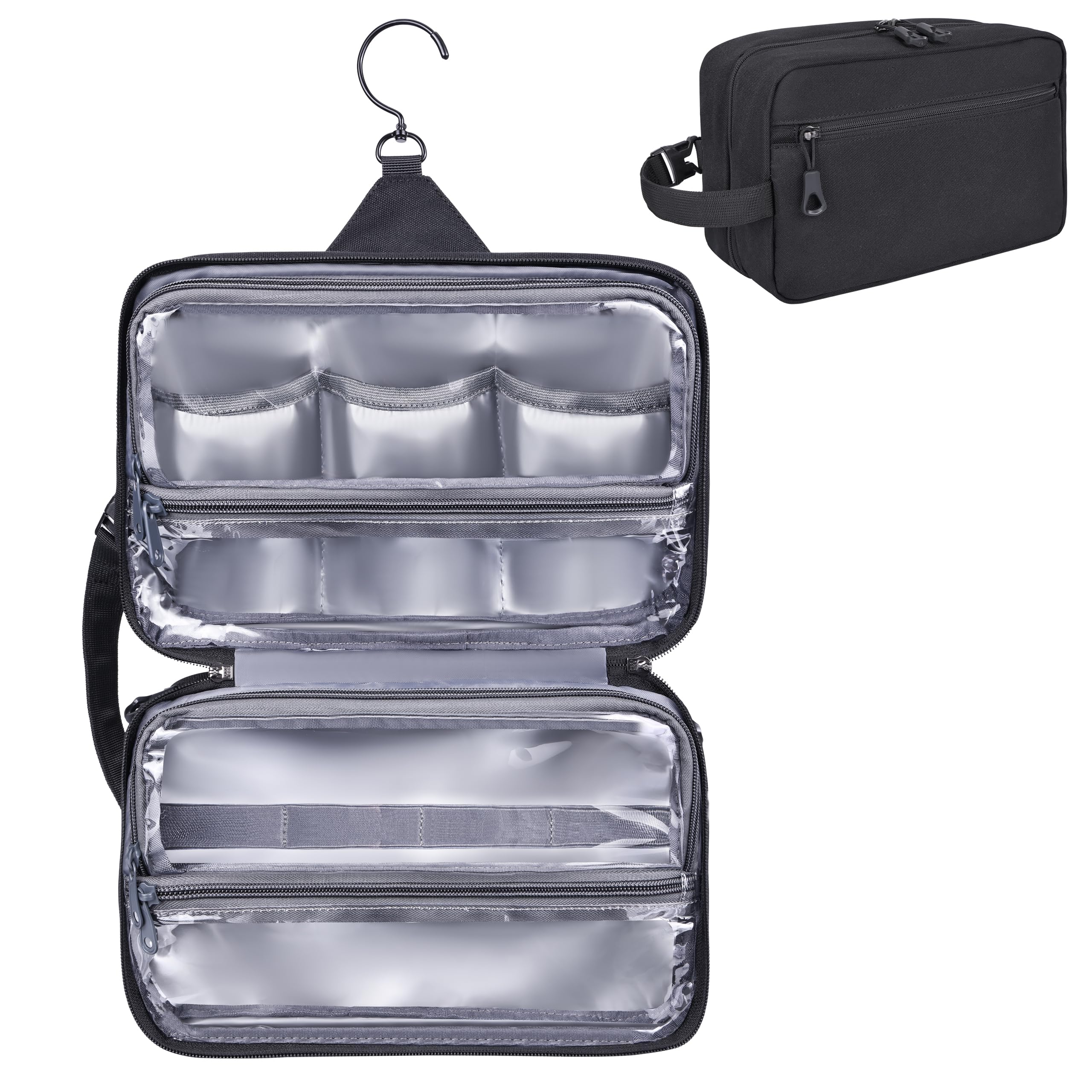 HILOMON Neceser para hombre, con cremalleras YKK, para colgar en el baño, ducha, con gancho giratorio de metal XXL, gran comparación, impermeable para accesorios de viaje, Negro -, 10.6x6.7x4.3,
