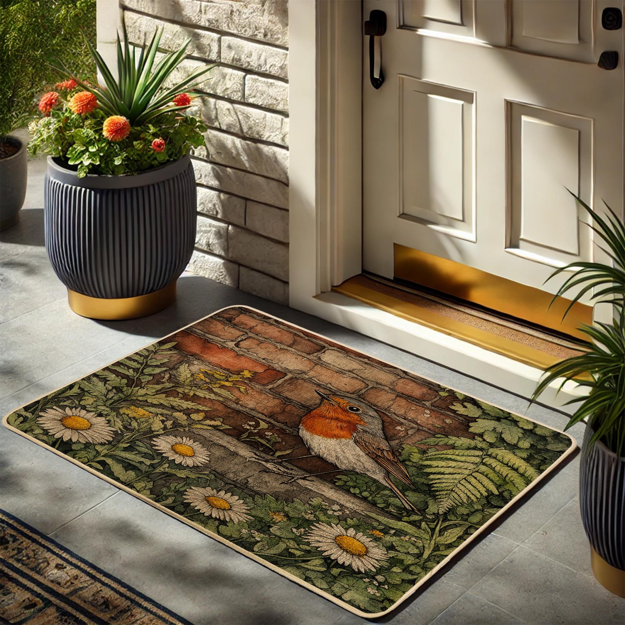 Spring Floral Doormat, Vibrant Robin Bird Door Mat for Indoor & Outdoor Use, Rustic Garden Decor, Rubber Waterproof Non-Slip Dust Absorbent Entrance Mat, Easy Clean 29x17 Inch