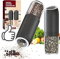 Kit 2 Moedor de Pimenta e Sal Elétrico Automático, Sensor por Inclinação, Operação com Uma Mão, Luz LED, a Pilha, Ajuste de Moagem, 176ml de Grande Capacidade, Preto, para Cozinha e Churrasco