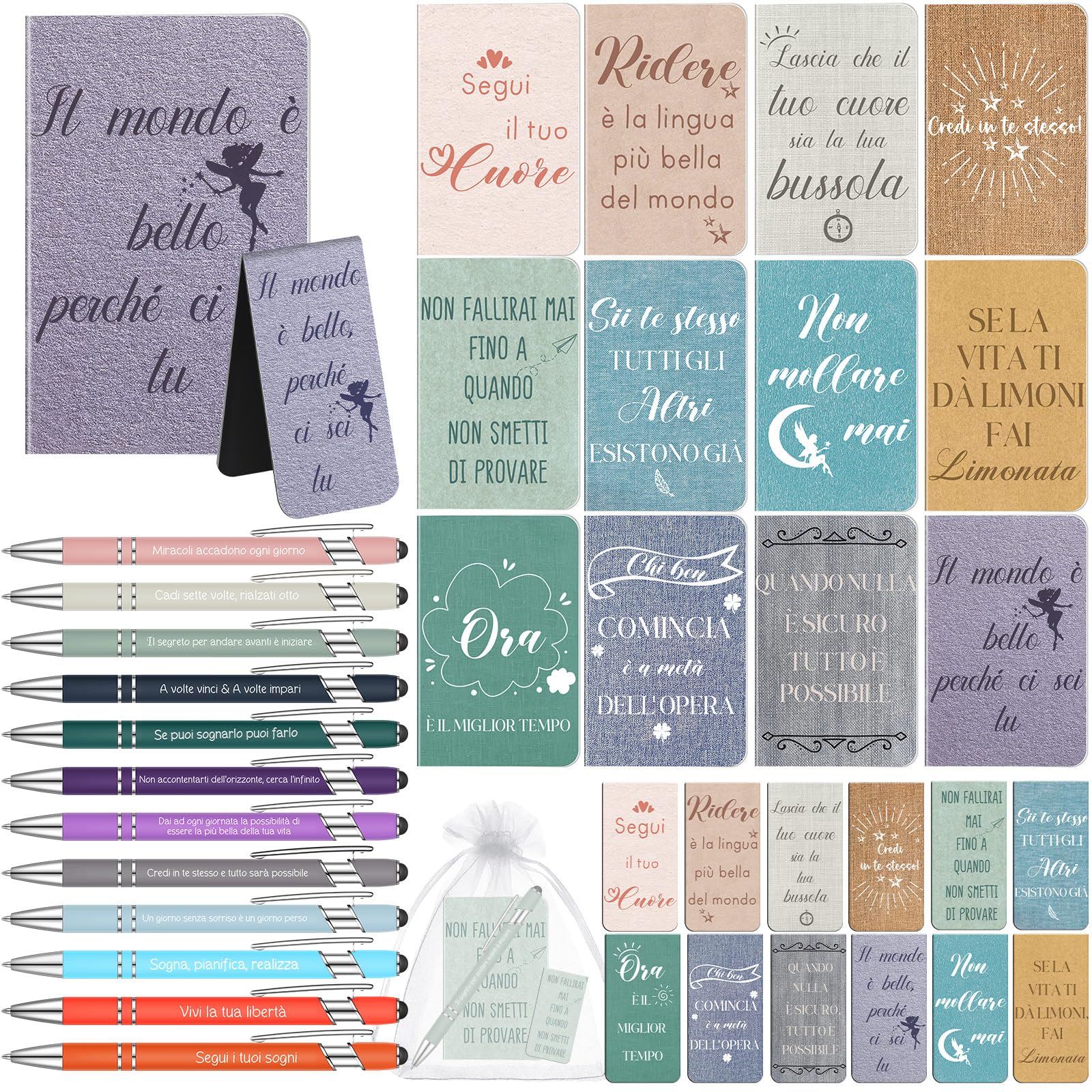 Nezyo 12 Set Regali Motivazionali Includi 12 Taccuini Motivazionali 12 Penne con Frasi in Italiano 12 Segnalibri Magnetic Portafortuna per Alunni Regali di Natale per Colleghi Amici(Colori retrò)