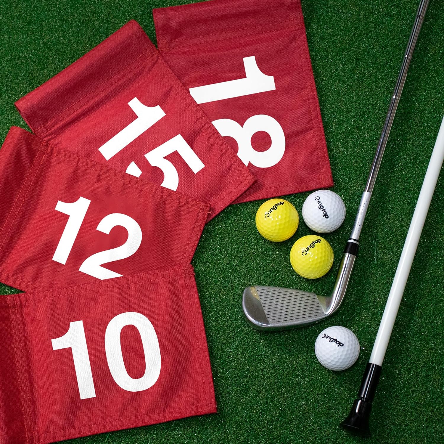 KINGTOP Numbered Golf Flag All 8x6 Inch – Upgraded Dual-Layer 420D Nylon, Double Sided Printing, Tube Inserted – Mini Practice Putting Green Flags for Yard