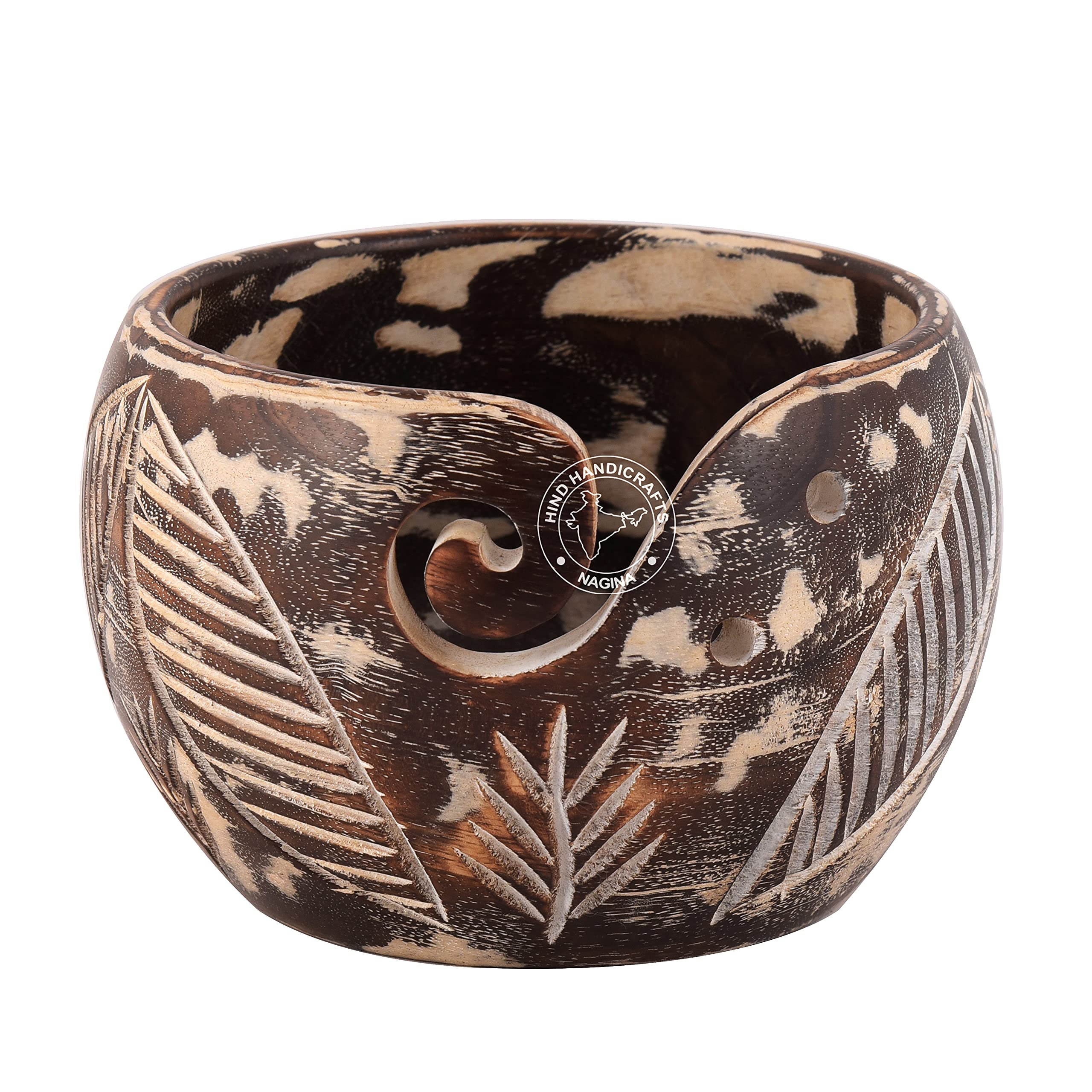 Hind Handicrafts Premium Solid Dark Handmade Crafted Wooden Portable - Antique Yarn Storage Bowl - Holder for Knitting Crochet Hook Accessories (6" x 6" x 4", Whitewashed-Leaf)