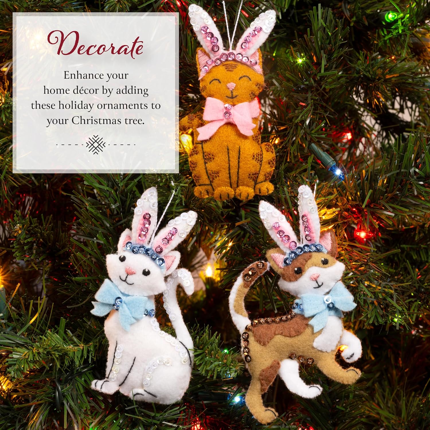 Bucilla Felt Applique 3 Piece Ornament Making Kit, Bunny Kitties, Perfect for DIY Arts and Crafts, 89686E