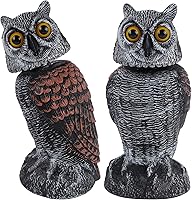 Hausse 2 Pack Rotating Head Fake Owl Decoys - Realistic Bird Repellent Scarecrows for Garden Yard Crops, 10.6" Lifelike Horned Owls