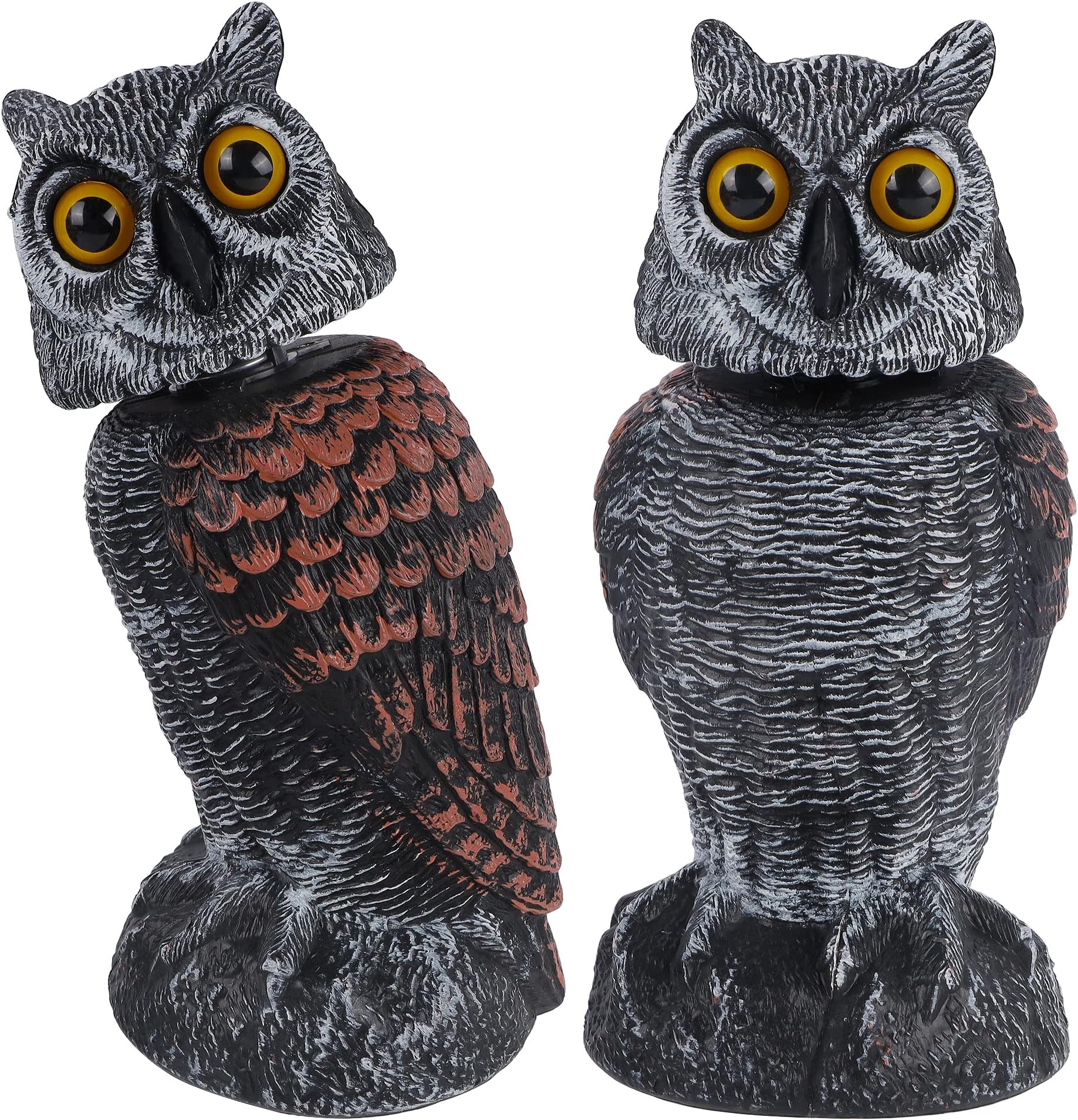 Hausse 2 Pack Fake Owl Decoys to Scare Birds Away, Rotating Head Plastic Owl Bird Deterrents, 10.6 Inch Height Bird Scarecrow Nature Enemy Horned Pest Repellent for Outdoor Garden Yard