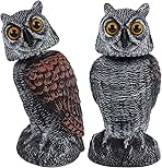 Hausse 2 Pack Fake Owl Decoys to Scare Birds Away, Rotating Head Plastic Owl Bird Deterrents, 10.6 Inch Height Bird Scarecrow Nature Enemy Horned Pest Repellent for Outdoor Garden Yard