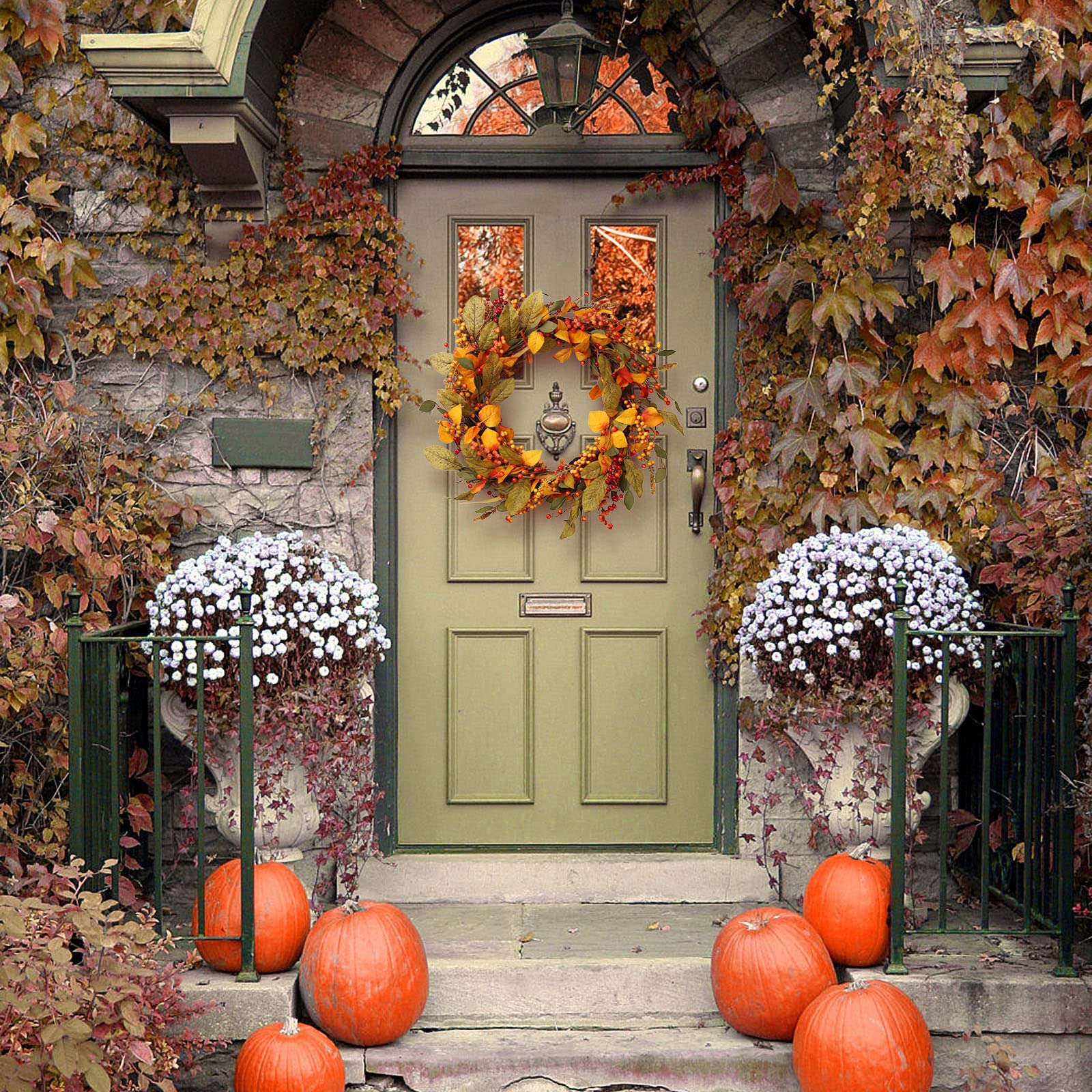 Couronnes d'automne pour porte d'entrée, couronne d'automne de 50,8 cm avec feuille et baies, couronne d'automne de vigne véritable pour décoration de Thanksgiving, guirlande de baies
