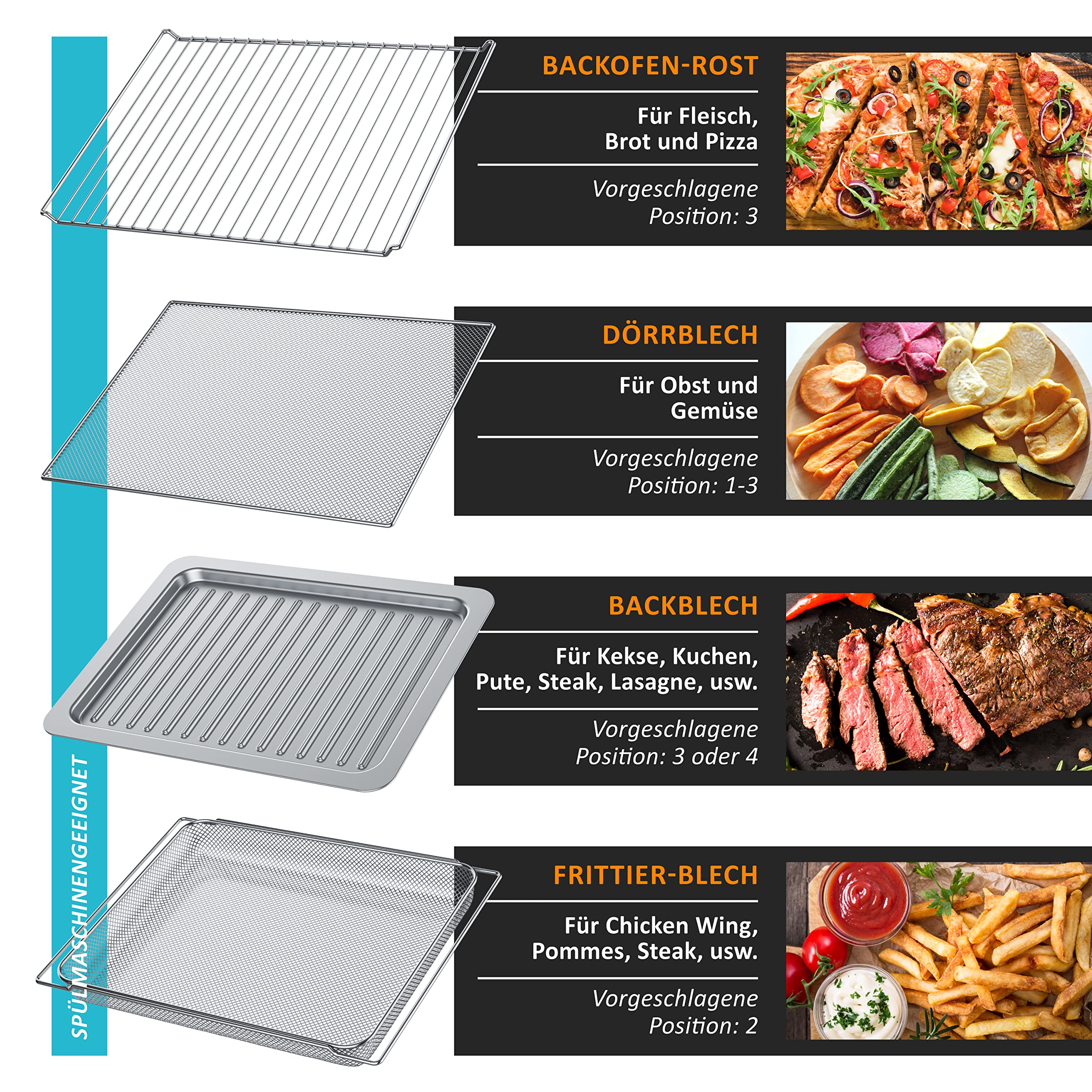 Arendo - Heißluftfritteuse 25 Liter Edelstahl - Multifunktionsofen - mini Backofen - Aerofryer - 1800 Watt - Inkl. Backblech, Dörrblech, Ofenrost, Frittierkorb - BPA-frei