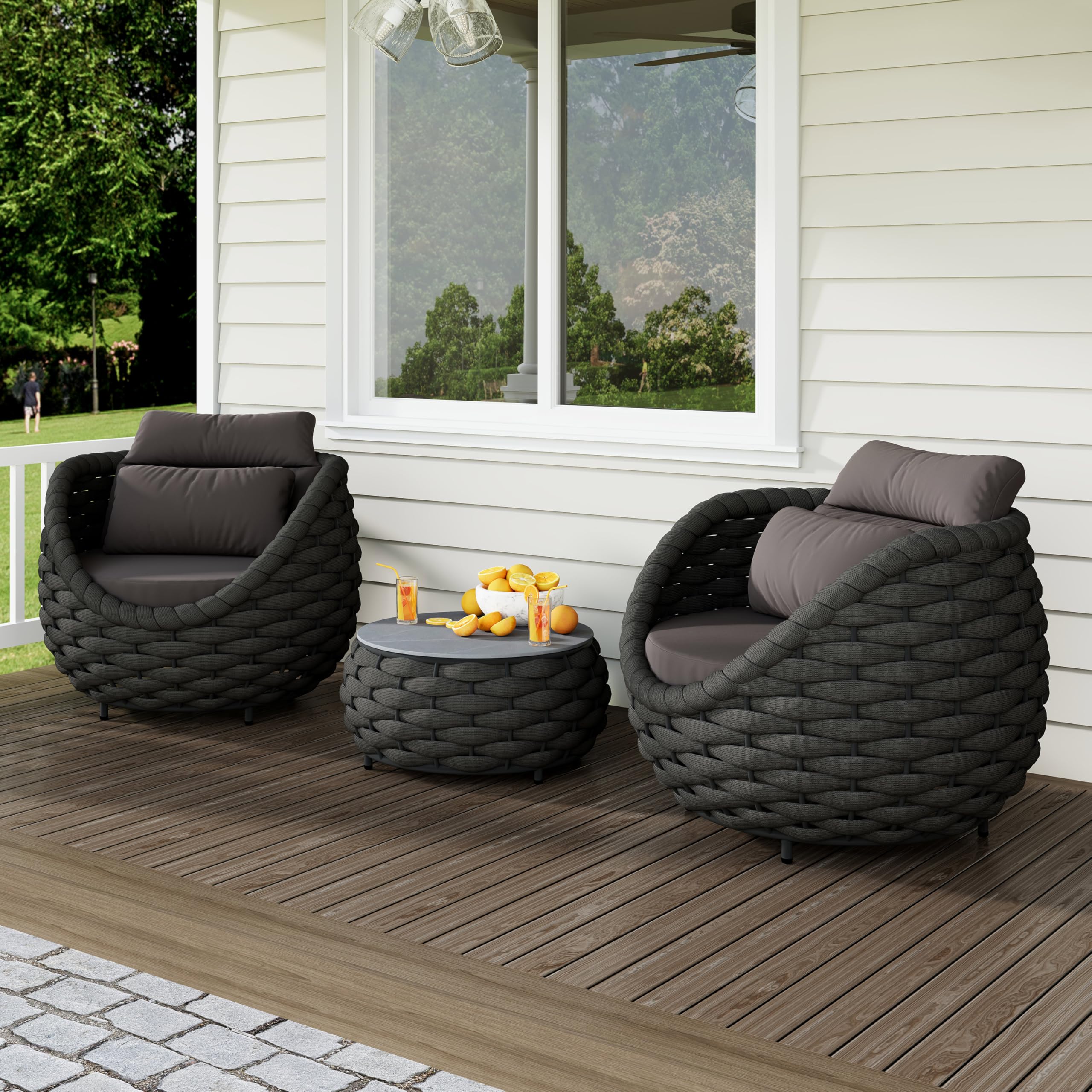 Erotr Deck Furniture Set: 3 Pieces Aluminum Woven Rope Patio Conversation Sofa Set for 2, Comfy Cushions Couch Armchair Table Set Assembled, 400lbs