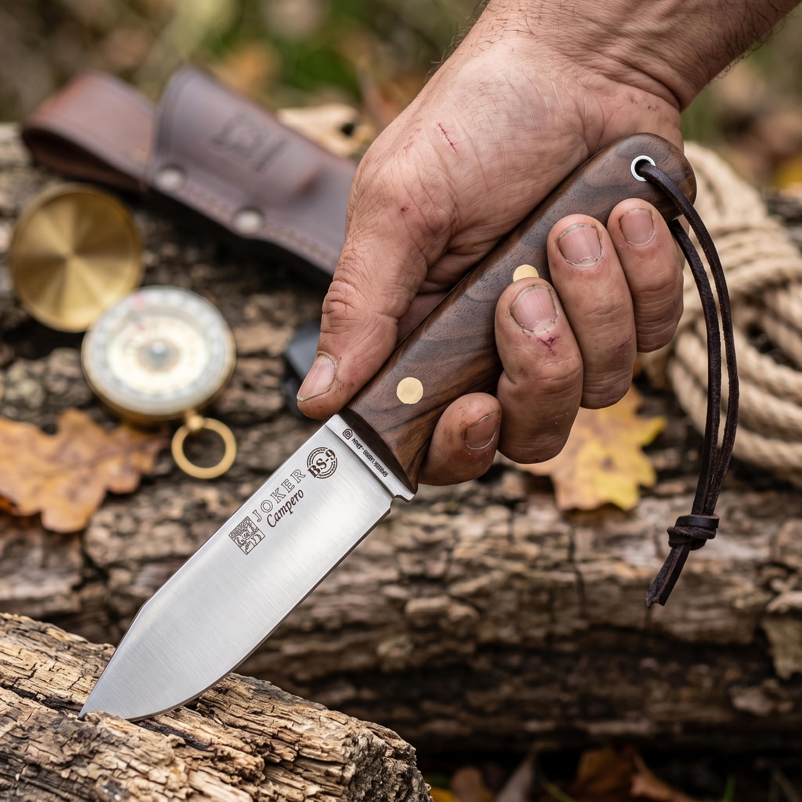 Joker Cuchillo de caza BS9 Campero CN112, mango de Madera de Nogal, deportivo, hoja de 10,5 cm acero, con funda de cuero marrón, Herramienta de pesca, caza, camping y senderismo