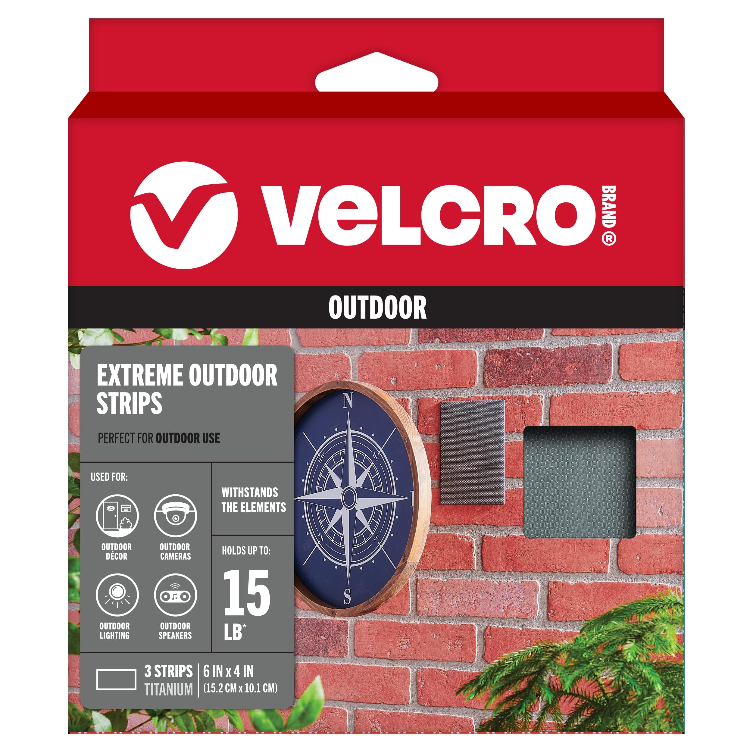 VELCRO Brand Extreme Outdoor Strips, Titanium, 6in x 4in, 3 Count