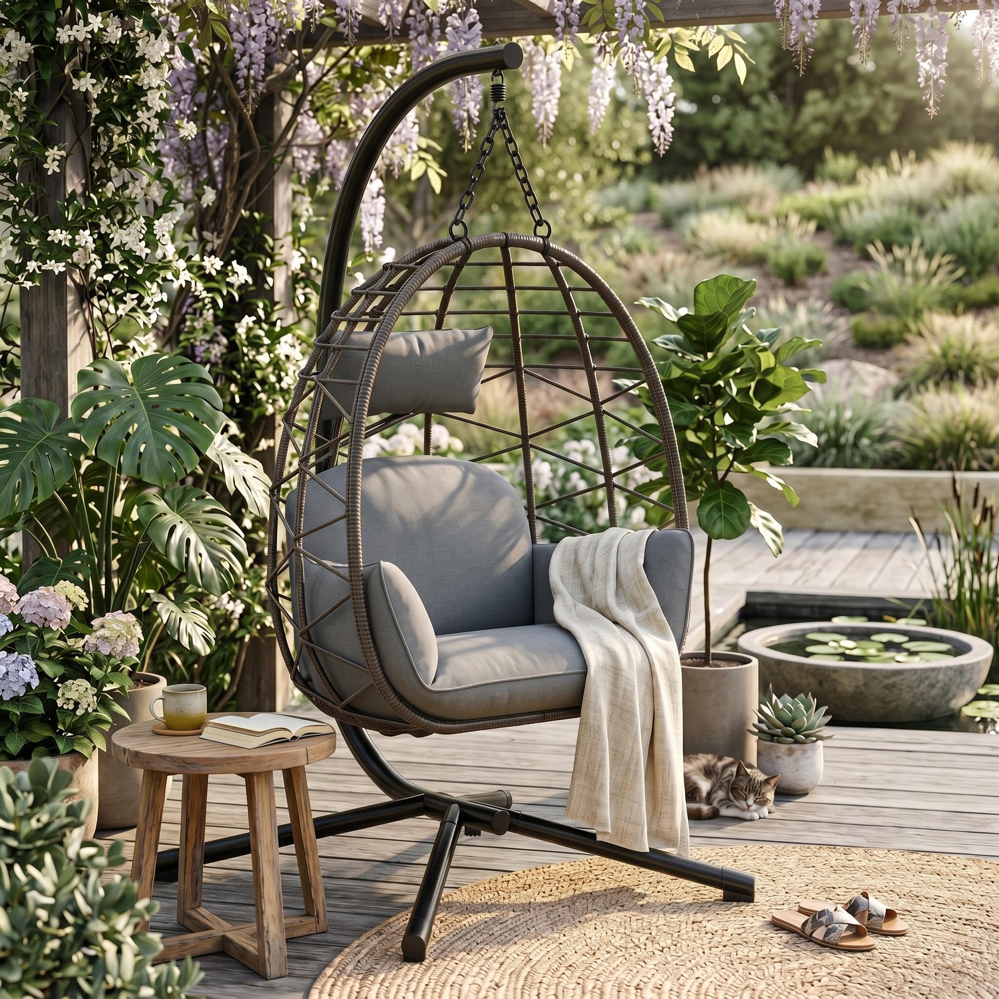 Hängesessel mit Gestell Outdoor bis 150 kg belastbar, Rattan Hängesessel mit Metallgestell, inkl. wetterfester Schutzhülle, klappbarer Hängekorb für Garten Terrasse Balkon, Grau