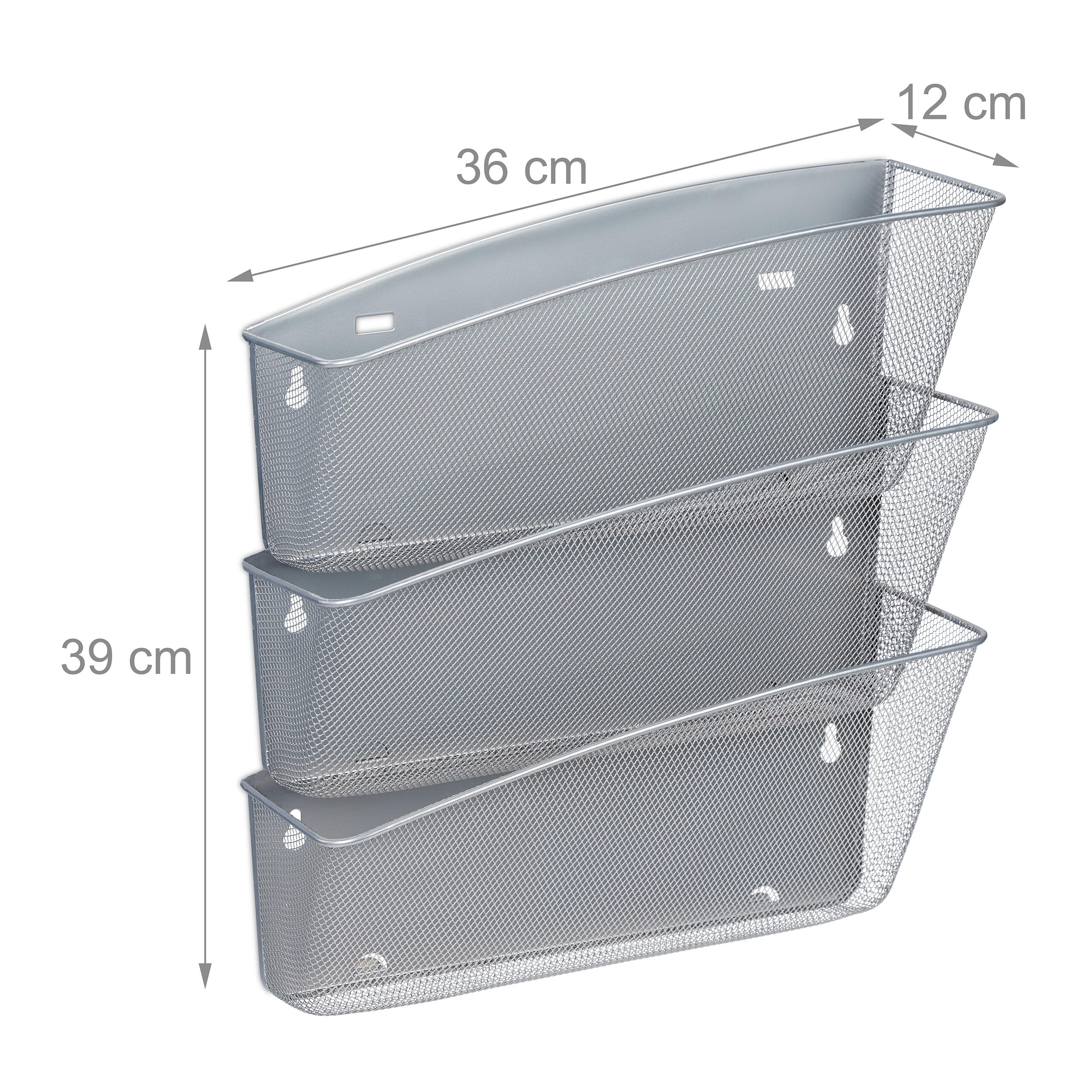 Relaxdays Zeitschriftenhalter Wand, 3er Set, Zeitungsablage, Wandfächer, HBT 39x36x12 cm, Magazinhalter, Metall, Silber