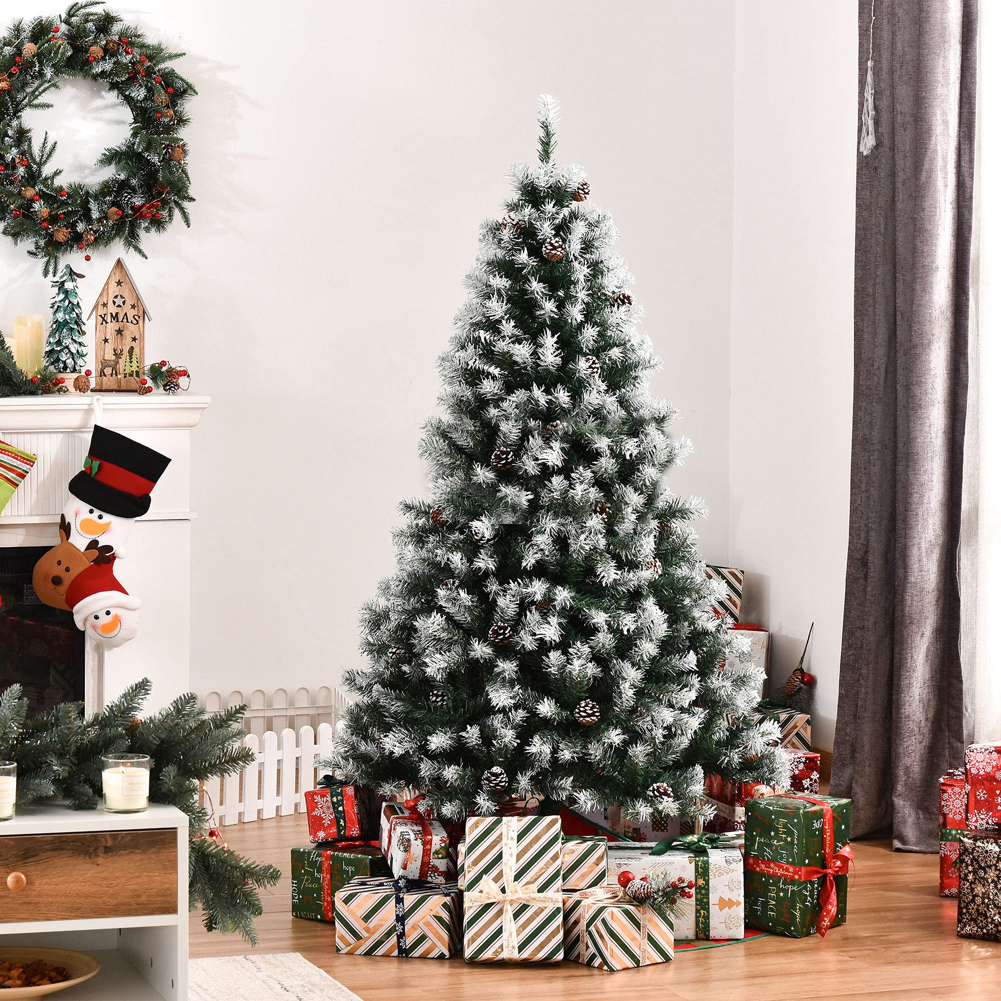 HOMCOM Árbol de Navidad Artificial 150 cm con Nieve con 676 Ramas 41 Piñas Hojas de Plástico Apertura Automática Base de Soporte Metálica y Plegable Decoración Navideña para Interiores Verde