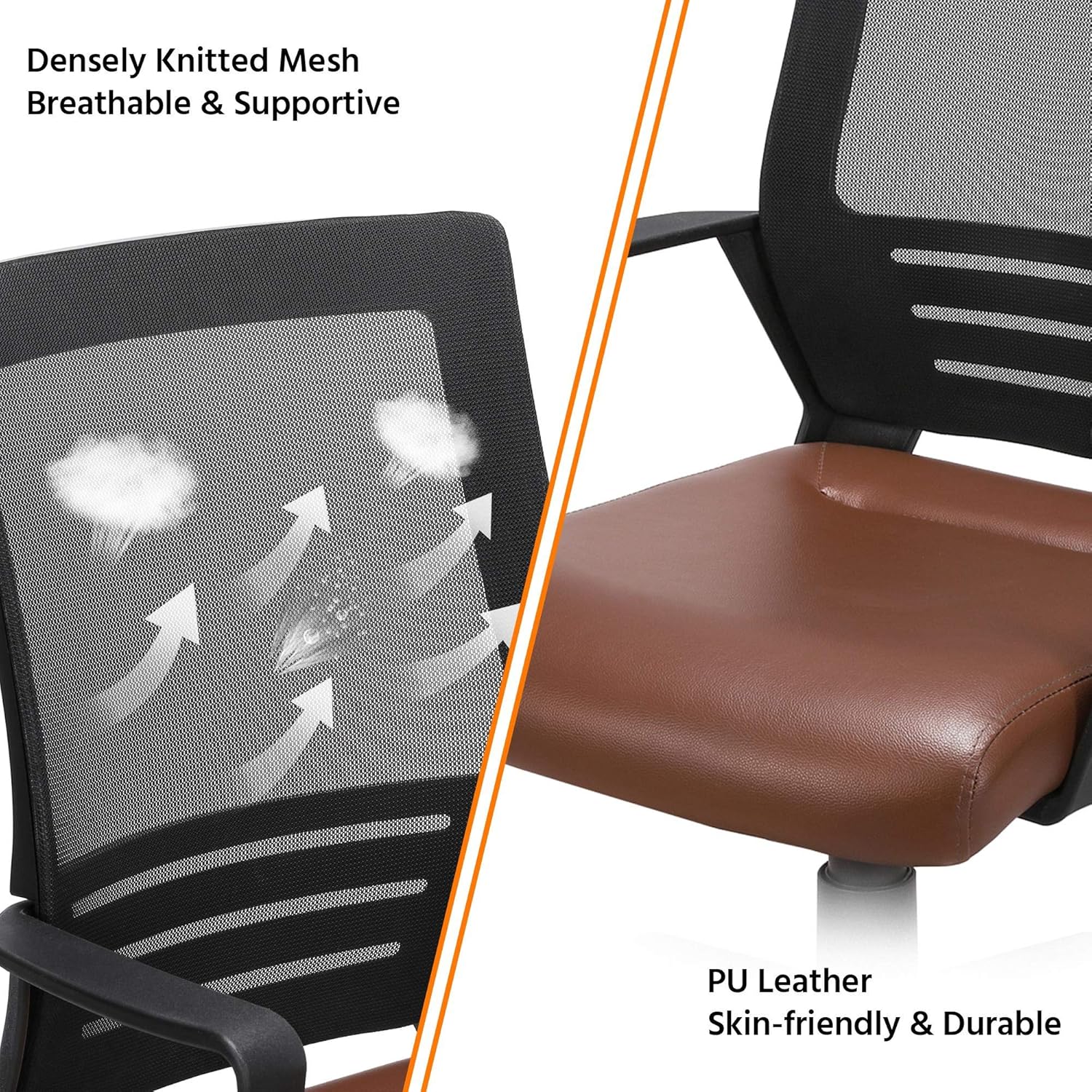 Detailed view of the chair's breathable mesh back and skin-friendly PU leather seat.