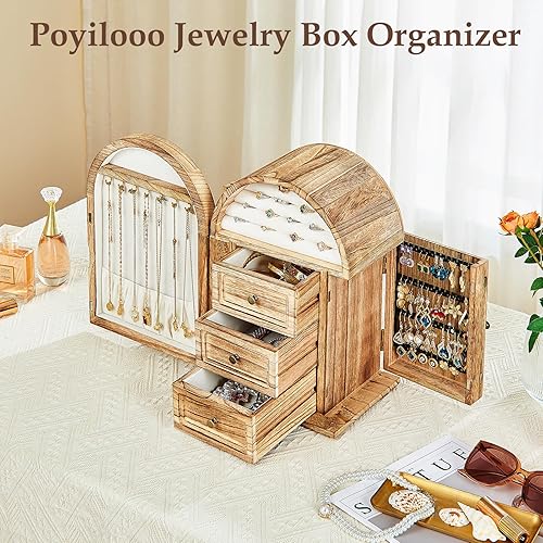 Miniatura 3 de Joyero organizador, caja de joyería de madera maciza, almacenamiento de collares, anillos, aretes, pulseras con espejo y cajones, regalos de Navidad