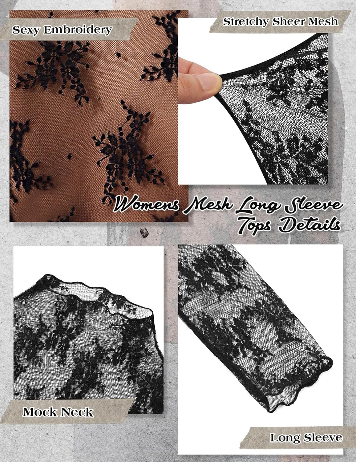 Mesh Long Sleeve Top for Women Lace Sheer Tops Sexy See Through Shirts Mock Neck Embroidery Blouses Going Out Clubwear S-XXL - Image 6