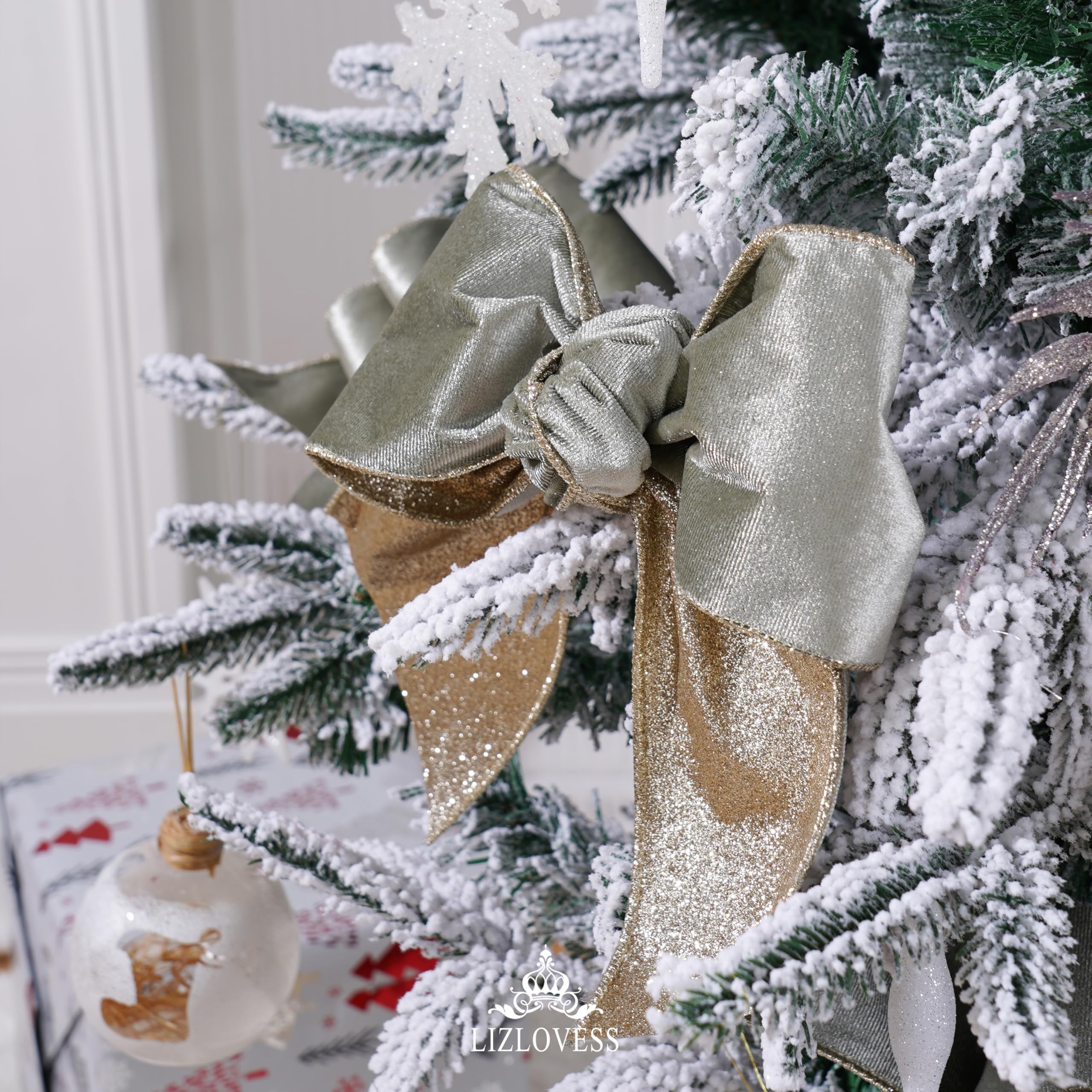 Samtband mit Glitzer-Rückseite, 10,2 cm, Grün und Gold, Weihnachtsband für Weihnachtsbaum, Geschenkverpackungen, Handwerk, Kränze, Topperschleifen (9,1 m)