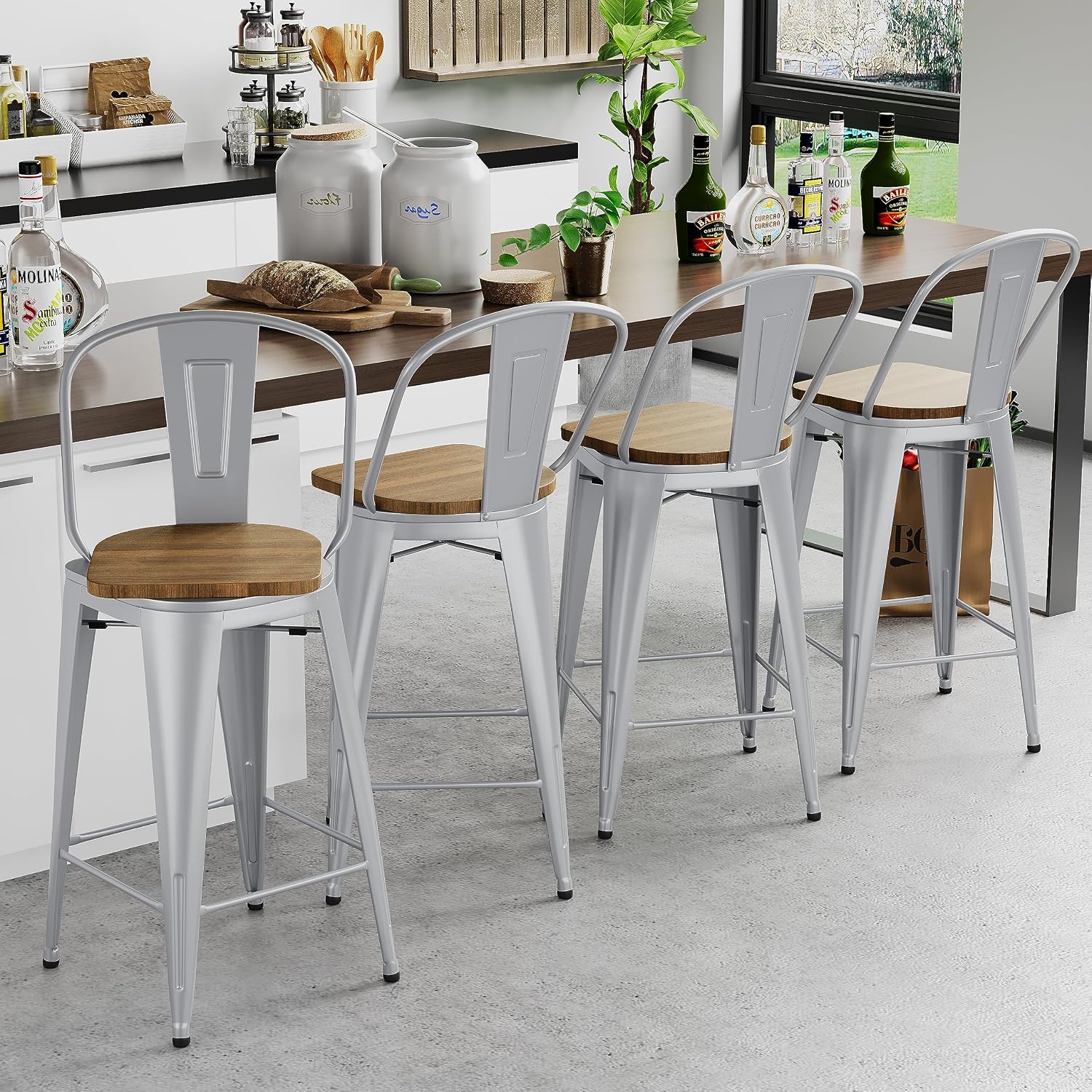 Andeworld 30 Inch Swivel Bar Stools Industrial Metal Barstools High Back Dining Bar Chairs Counter Height Stools with Wooden Seat Set of 4(30inch,Silver)