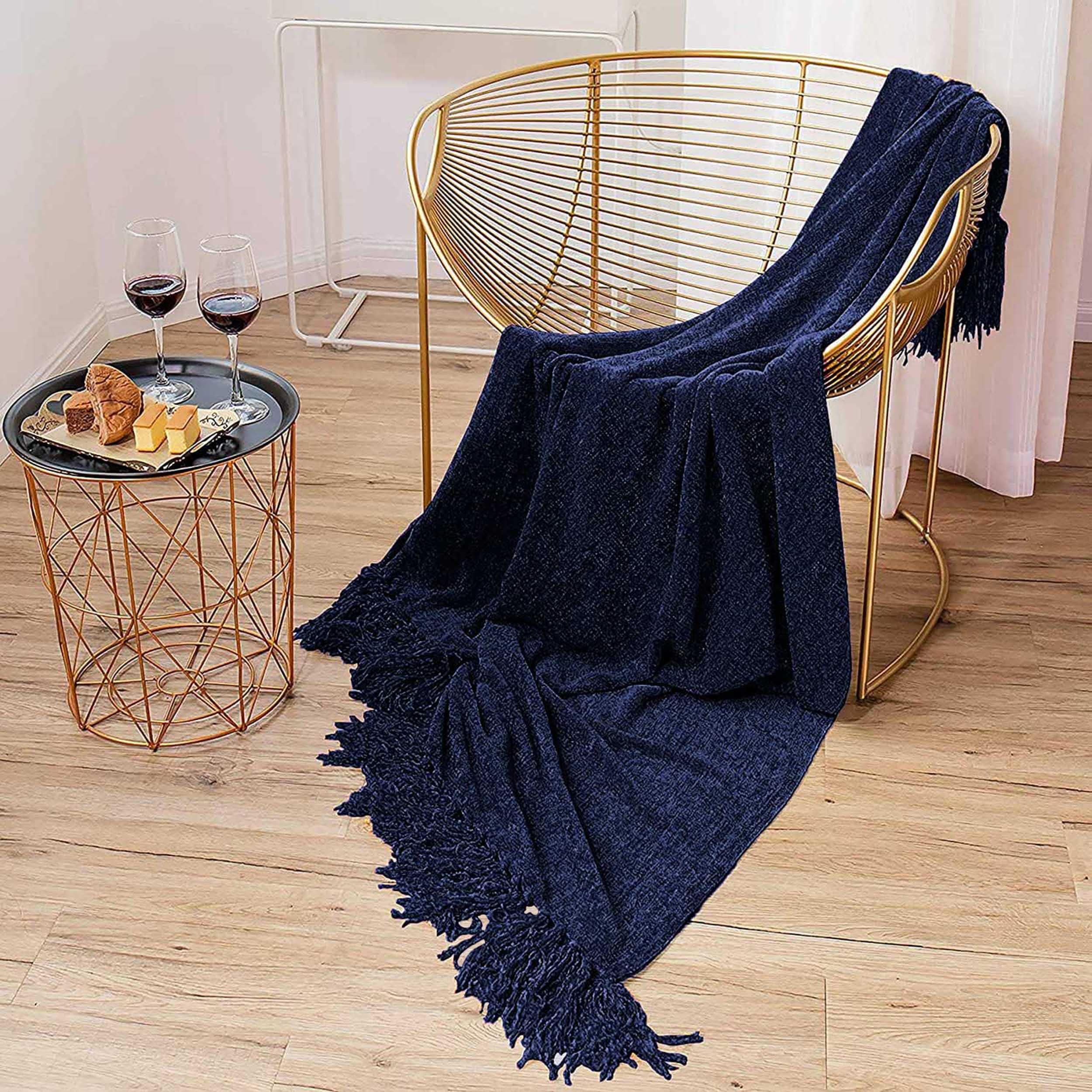 Soft Chenille Throw Blanket for Sofa/Couch and Bed - 60 * 50 inches | Summer Friendly, Cozy and Stylish | Pack of 1, Navy Blue