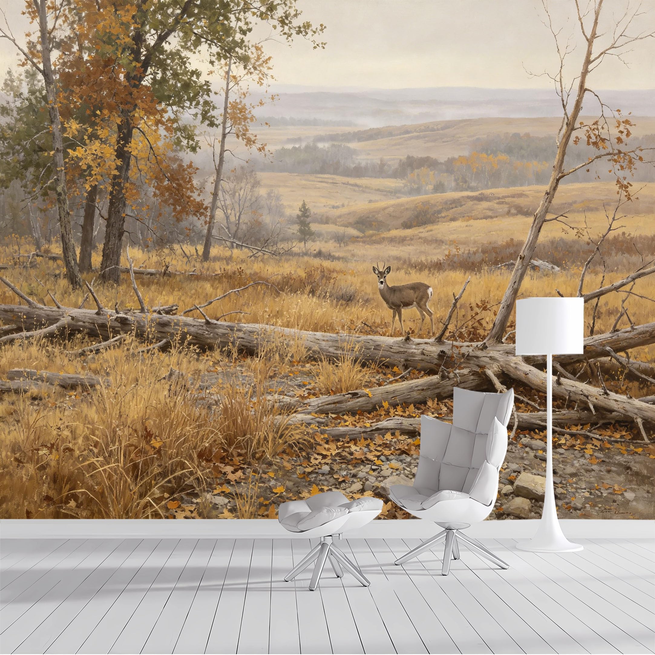 Custom Size Wall Mural Autumn Landscape Deer Forest Wildlife Oil Painting SelfAdhesive Wall Fabric Removable Peel and Stick Wallpaper Wall Decor for Living Room Bedroom Bathroom