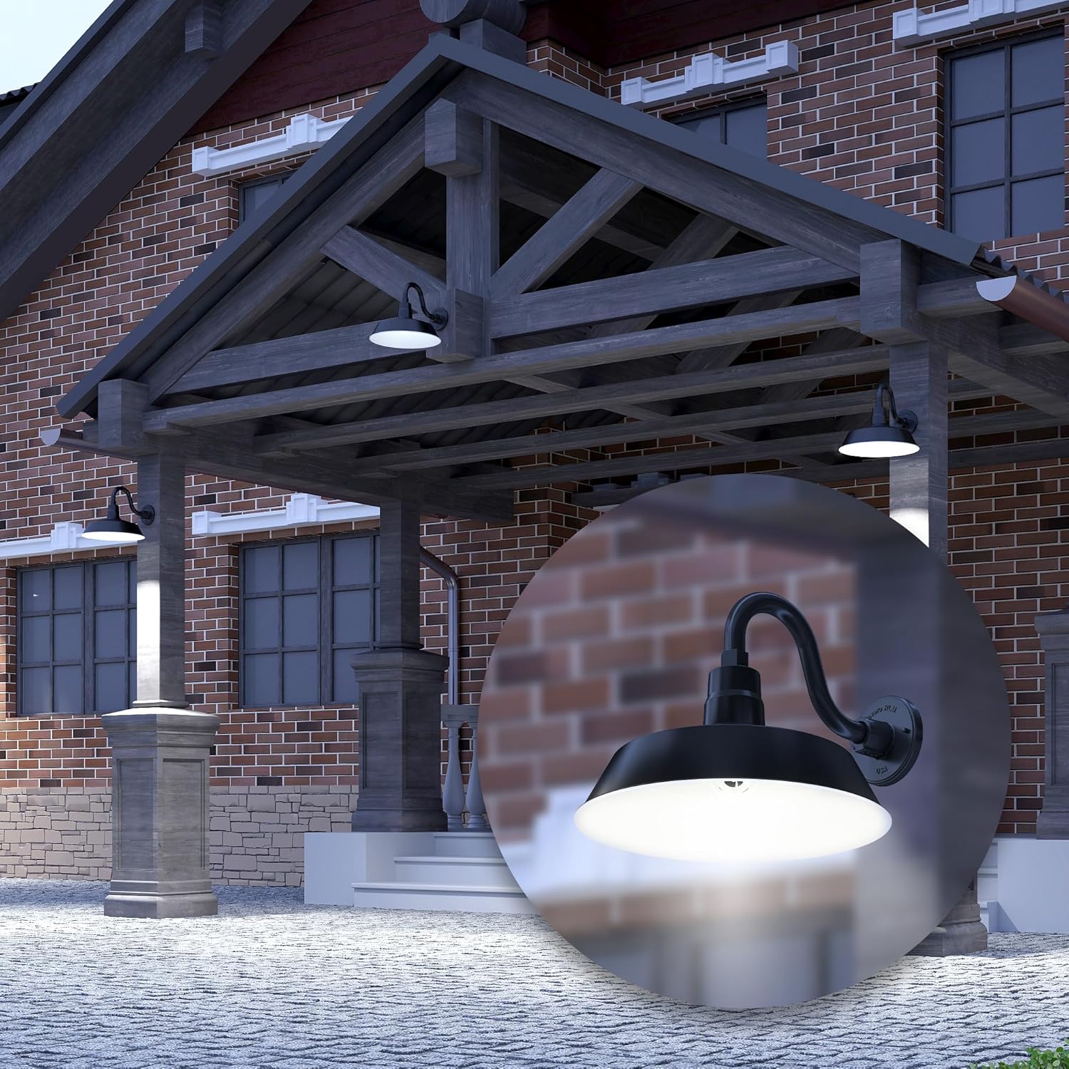 14in. Satin Black Outdoor Gooseneck Barn Light Fixture With 10in. Long Extension Arm - Wall Sconce Farmhouse, Antique Style - UL Listed - 9W 900lm A19 LED Bulb (5000K Cool White) - 2-Pack