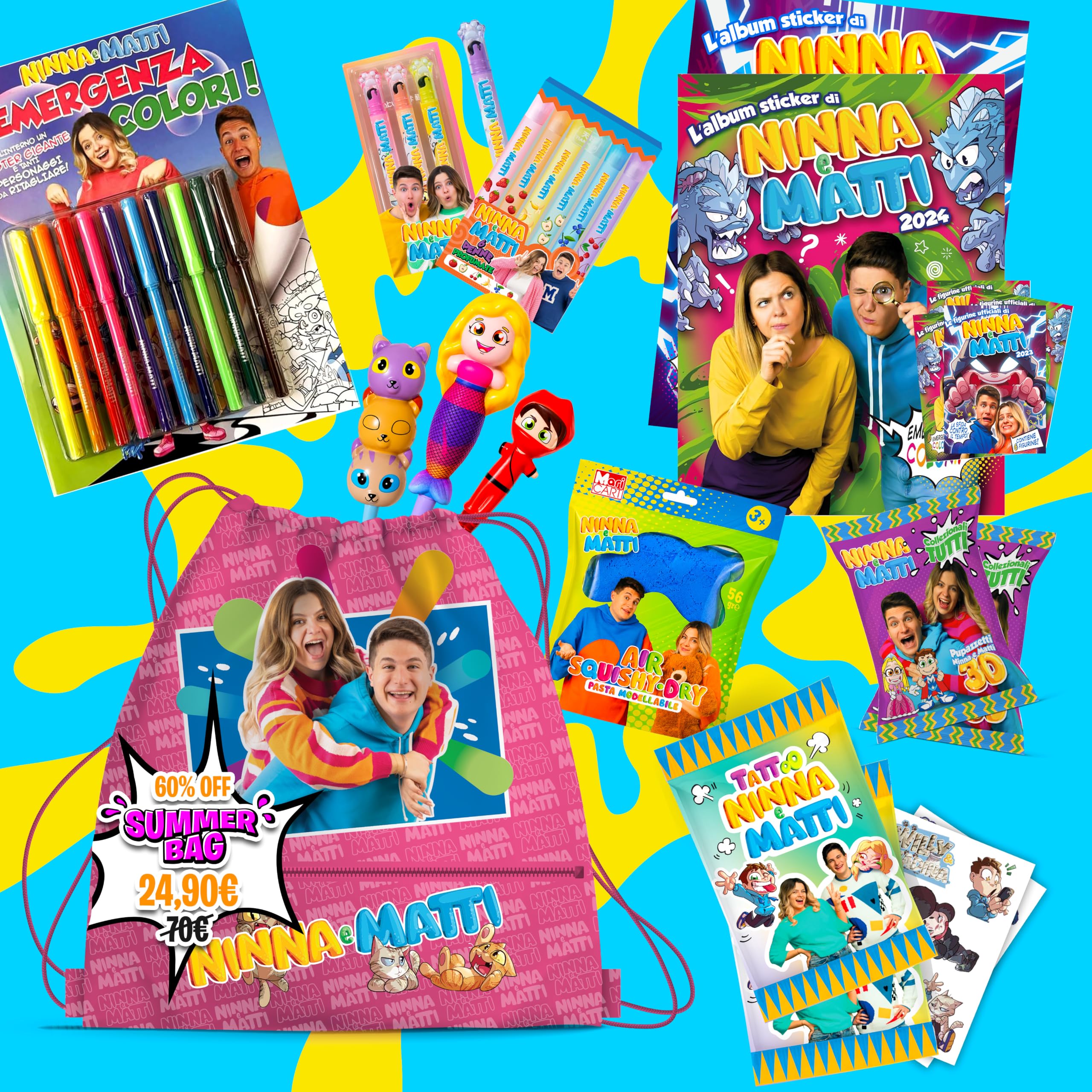 NINNA e MATTI Summer Bag, Box Regalo con Tantissimi Prodotti Ufficiali | Gadget, Figurine, Pupazzetti, Penne etc. (Summer Bag - 16 Pezzi)