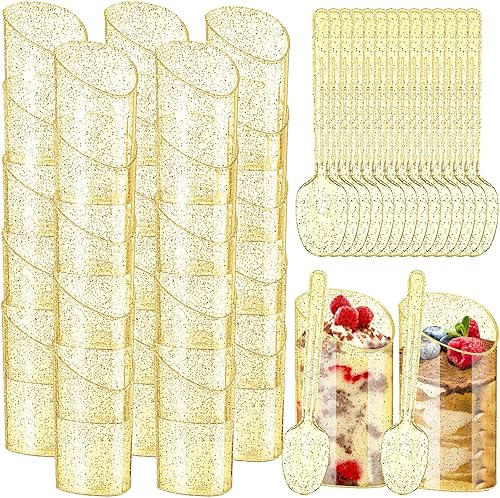 Skylety Paquete de 100 tazas de postre con purpurina de 3 onzas con cucharas, mini tazas de plástico para postre de parfait con cucharas,
