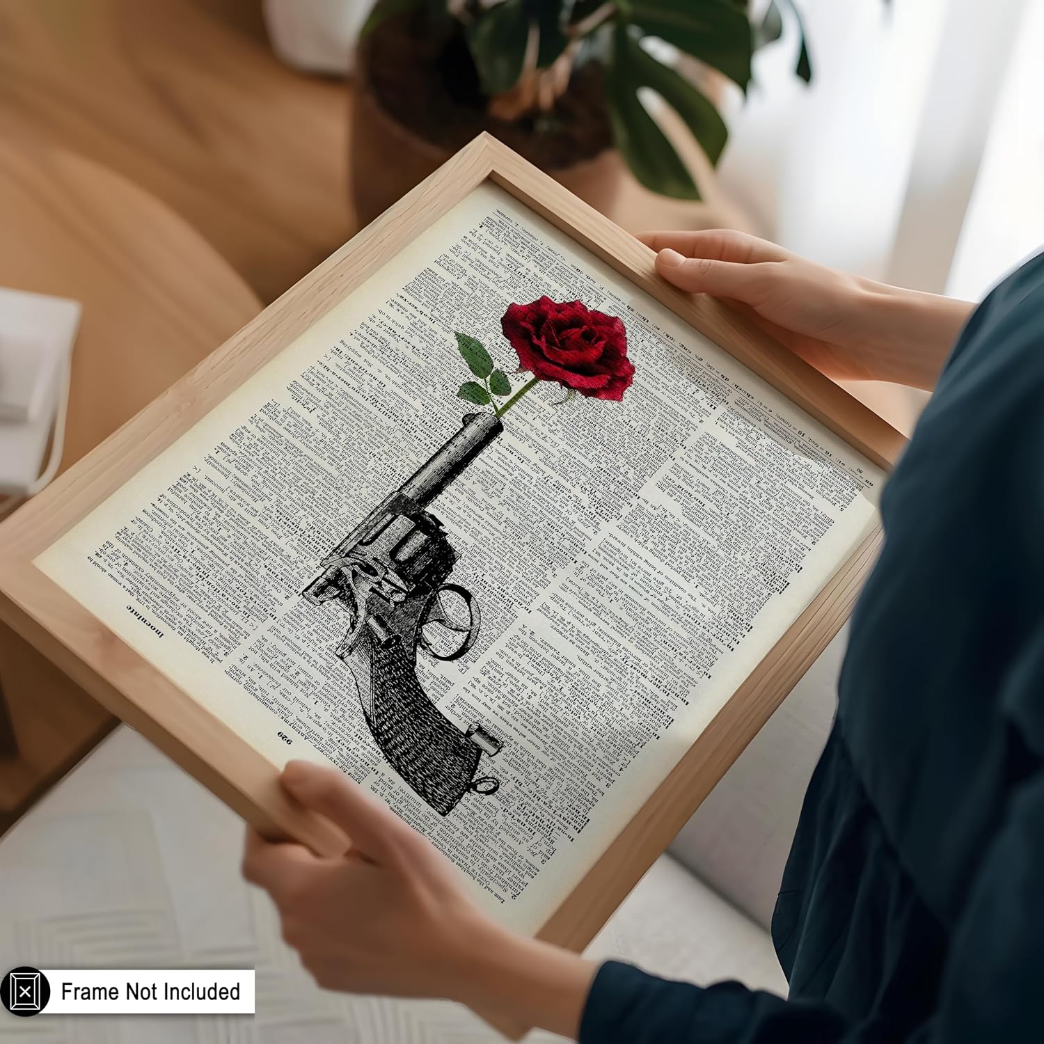 Poster Master Revolver Gun Print - Dictionary Poster - Red Rose & Flower Art - Firearm Gift for Men & Women - Floral Decor for Bedroom, Living Room or Dorm - 8x10 UNFRAMED Wall Art