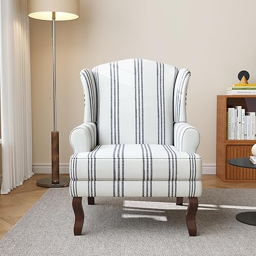 Miniatura 3 de UIXE Silla decorativa de respaldo alto, sillón tapizado en tela con patas de madera maciza, sillón retro, cómodo sofá individual, asiento de lectura