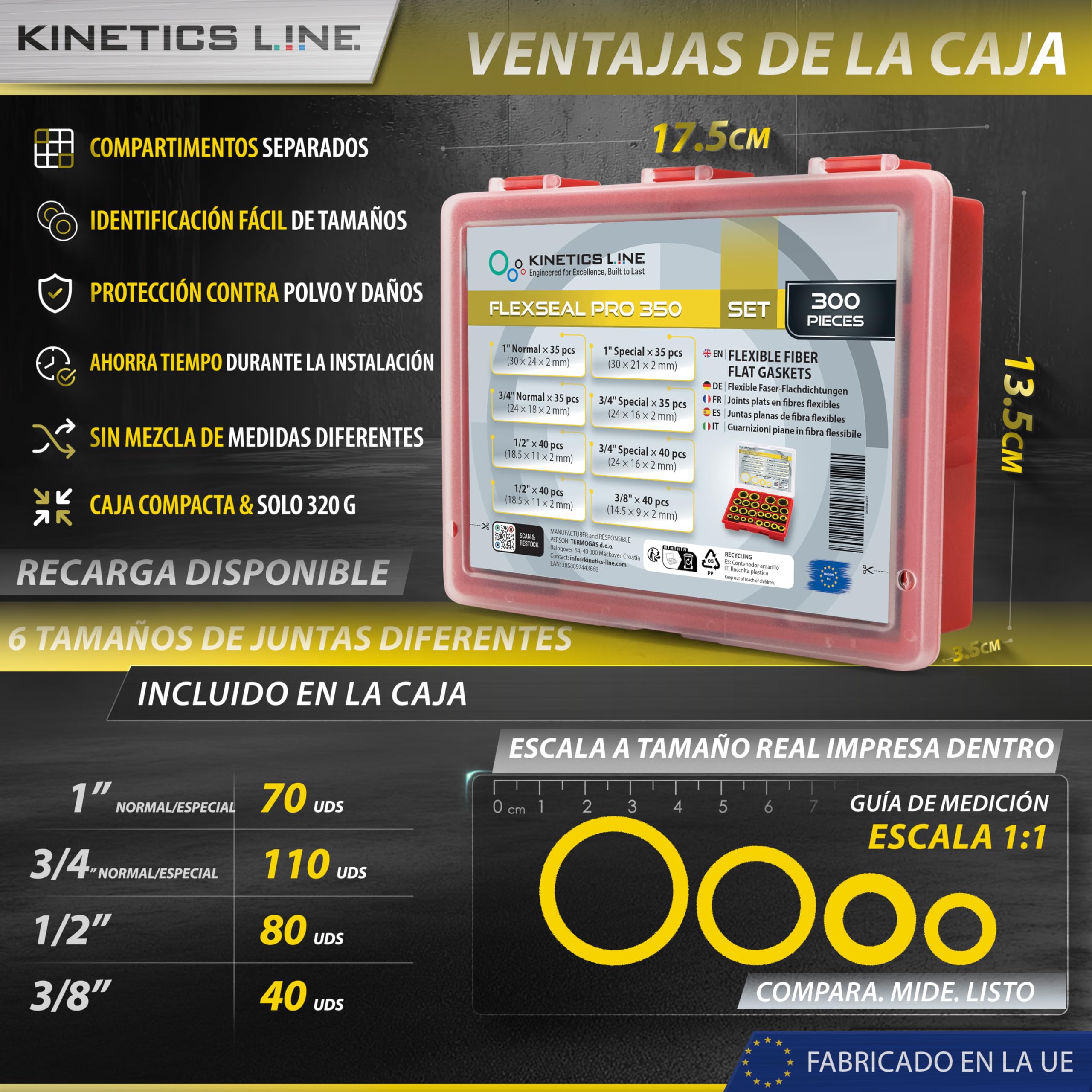 Juego De Juntas Planas De Estanqueidad Flexibles 300 Piezas – Surtido De Juntas De Brida 3/8–1 Pulgada – Alta Temperatura 350°C 100 Bar – Para Gas Agua Caldera Calefacción