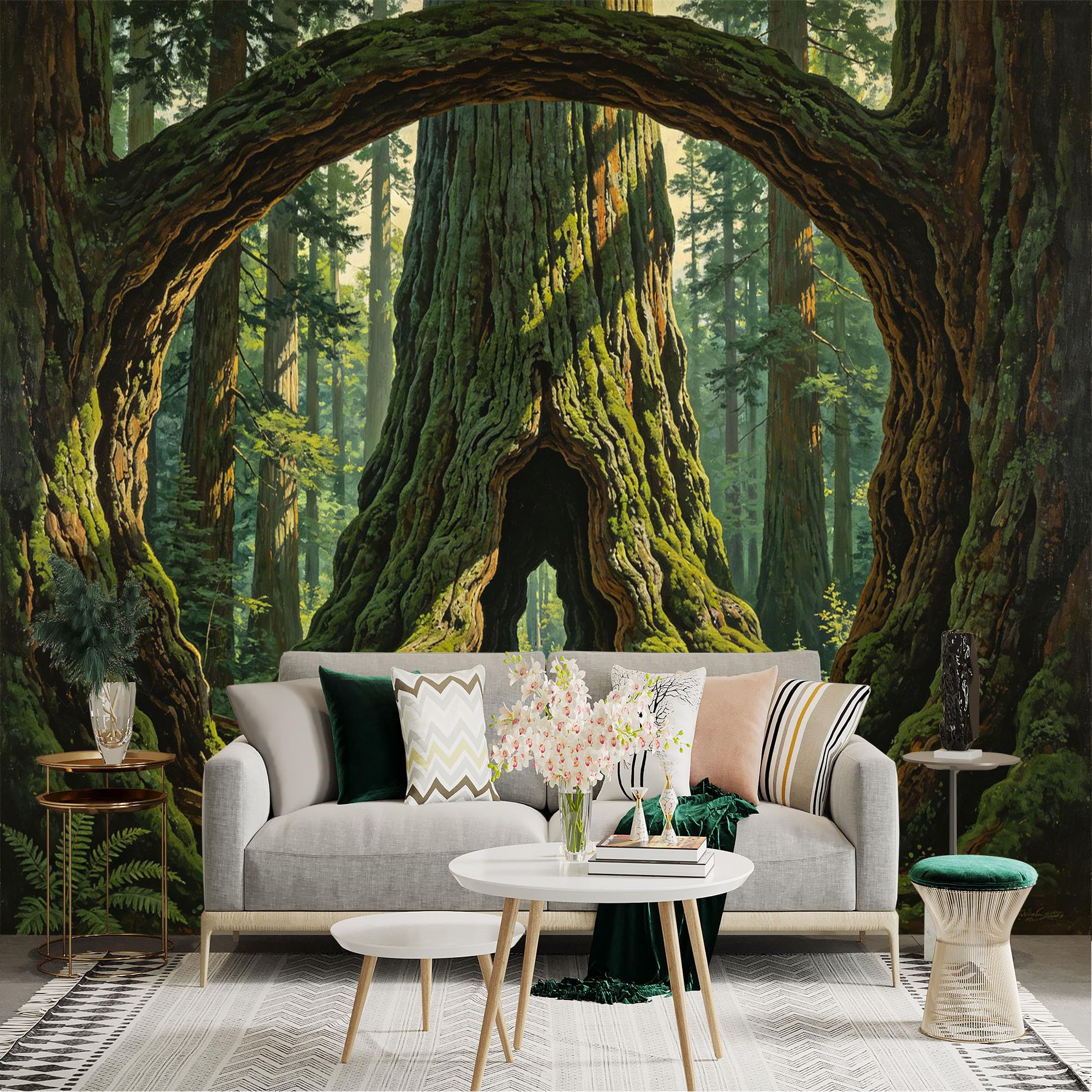 Custom Size Wall Sticker Mural， Ancient Forest Path with Giant Trees and Mossy Trunks， for wall Decoration， peelandstick wall Decals.