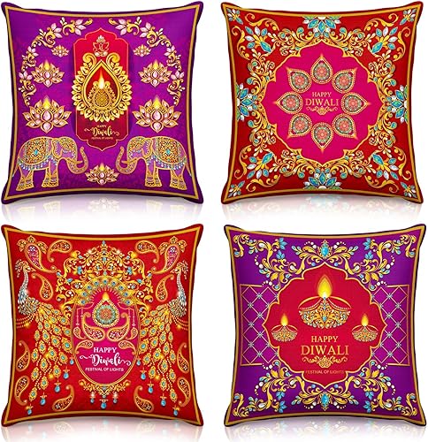 Peryiter Juego de 4 fundas de almohada Diwali de 18 x 18 pulgadas, fundas de almohada indias, fundas cuadradas de Diwali Light Diyas Peacock para