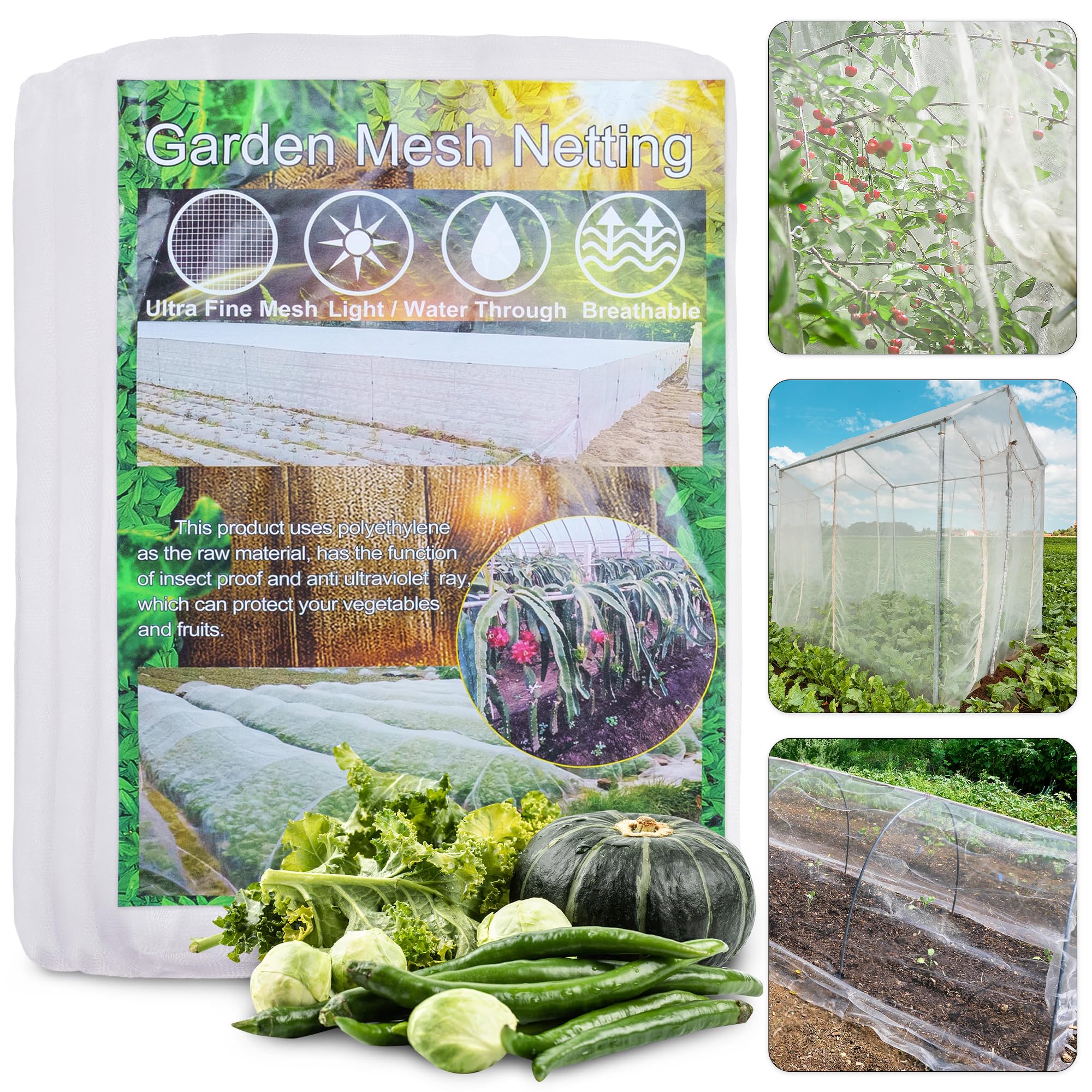 Insect Garden Mesh Netting,2m x 10m Fine Mesh Netting Anti Bird Butterfly Net for Vegetables Plants Fruits Flowers Protection (2x10M)