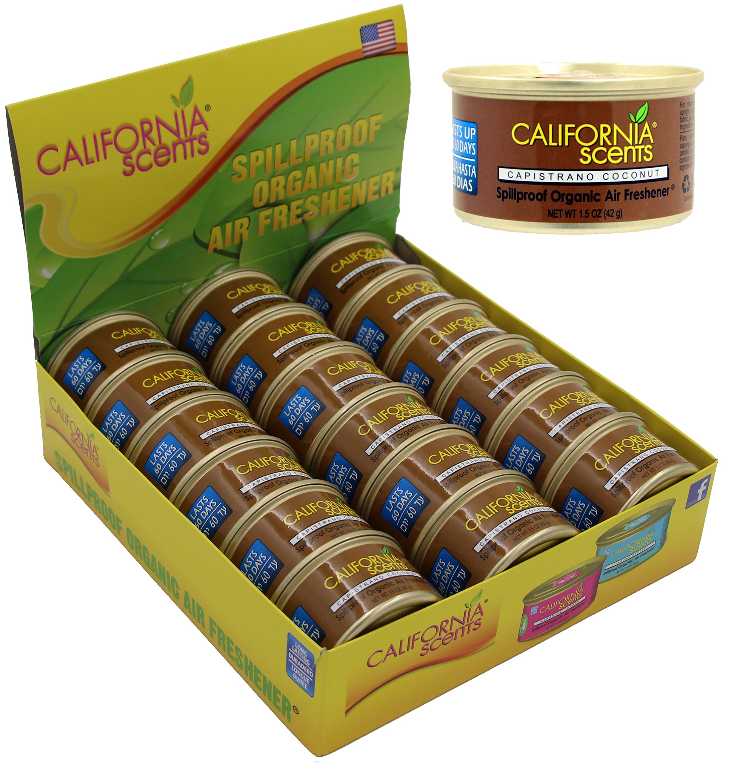 California Scents Spillproof Organic Air Freshener, Capistrano Coconut, 1.5 Ounce Canister (Pack of 18)