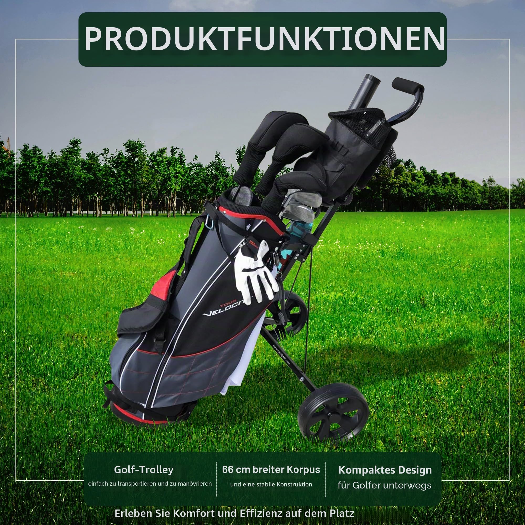 CaddyTek Golfwagen mit 2 Rädern, luxuriös, leicht, Faltbarer kompakter Trolley mit Aluminiumrahmen, Eva-Rädern, Netz-Aufbewahrung, ergonomischem Griff und Getränkehalter