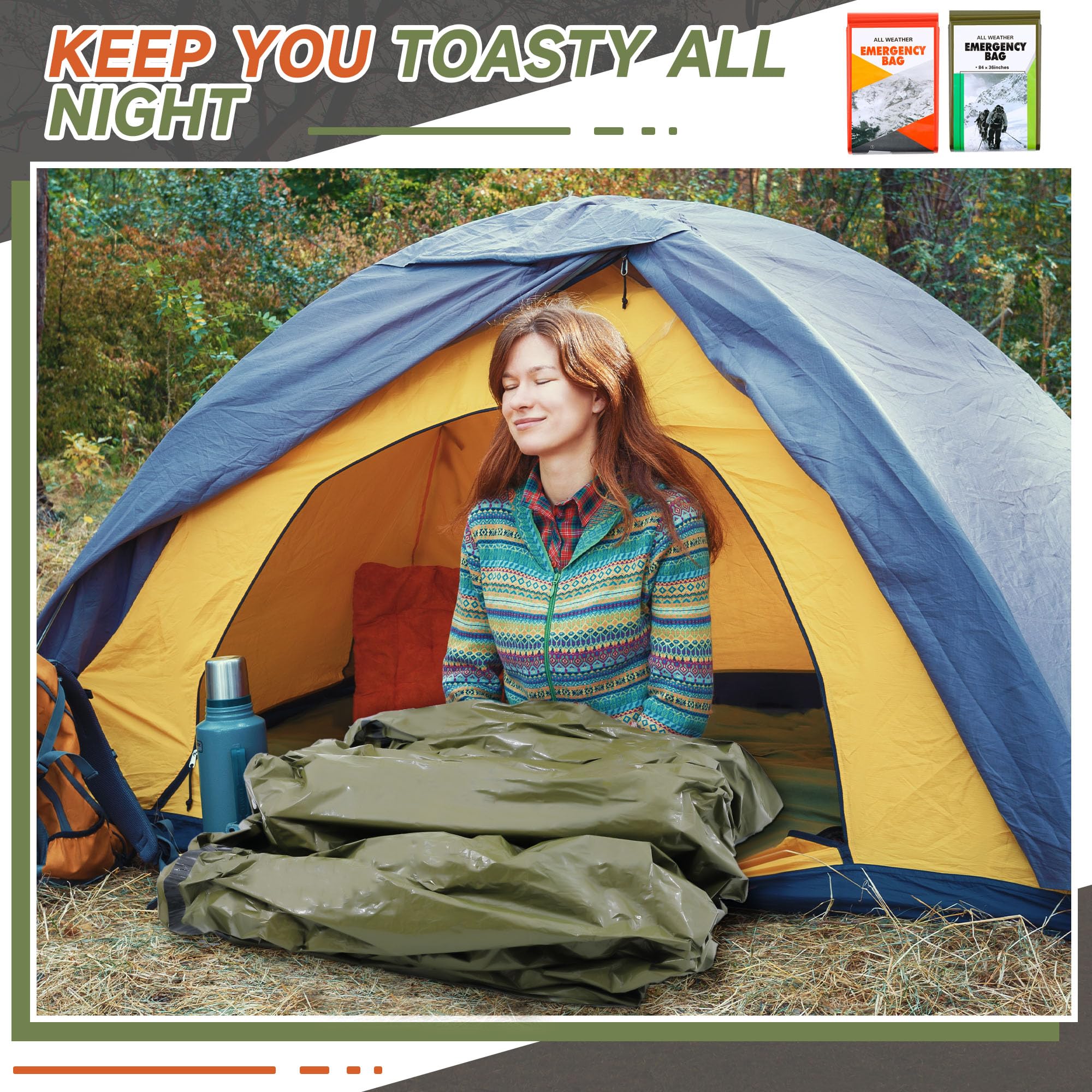 Preboun Notfall-Schlafsack, tragbar, leicht, Thermo-Schlafsack, wasserdicht, Notfalldecke, Überlebensausrüstung für Outdoor, Camping, Wandern, Obdachlose, Unterschlupf (Orange, Grün)