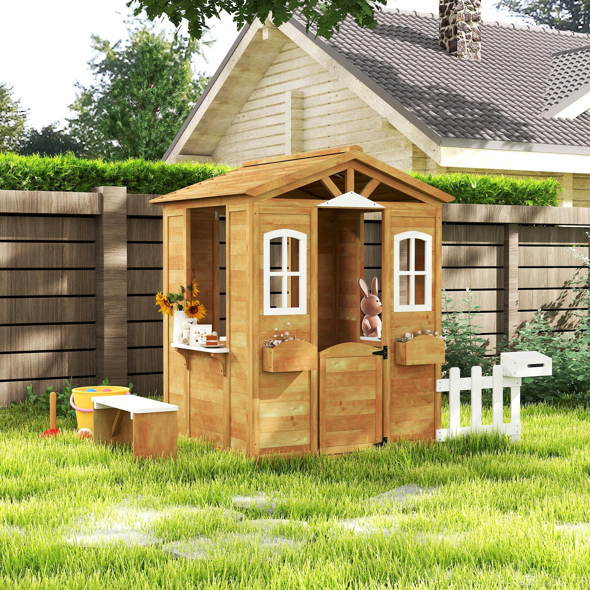 Outsunny Casita Infantil Exterior de Madera Casita Infantil de Jardín con Buzón Ventanas Jardinera Mostrador y Banco Casa de Juegos para Niños a Partir de 3 Años Natural