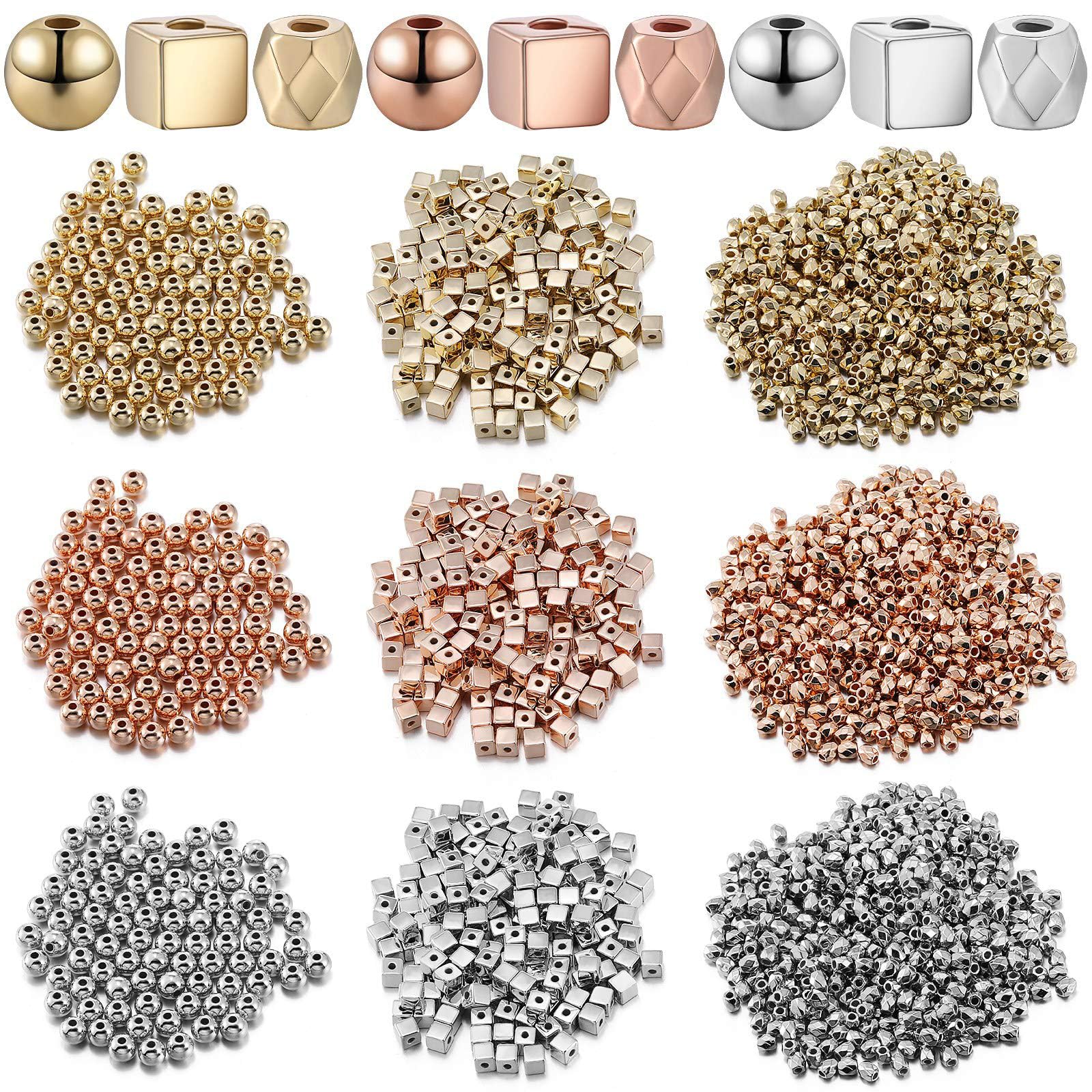 Joyzzz Spacer Beads Set, 1200 Pieces Assorted Spacer Beads Include 300 Faceted Cube Column Bead, 600 Round Ball Bead, 300 Square Bead Charm Loose Bead for DIY Jewelry (Gold, Sliver, Rose Gold)